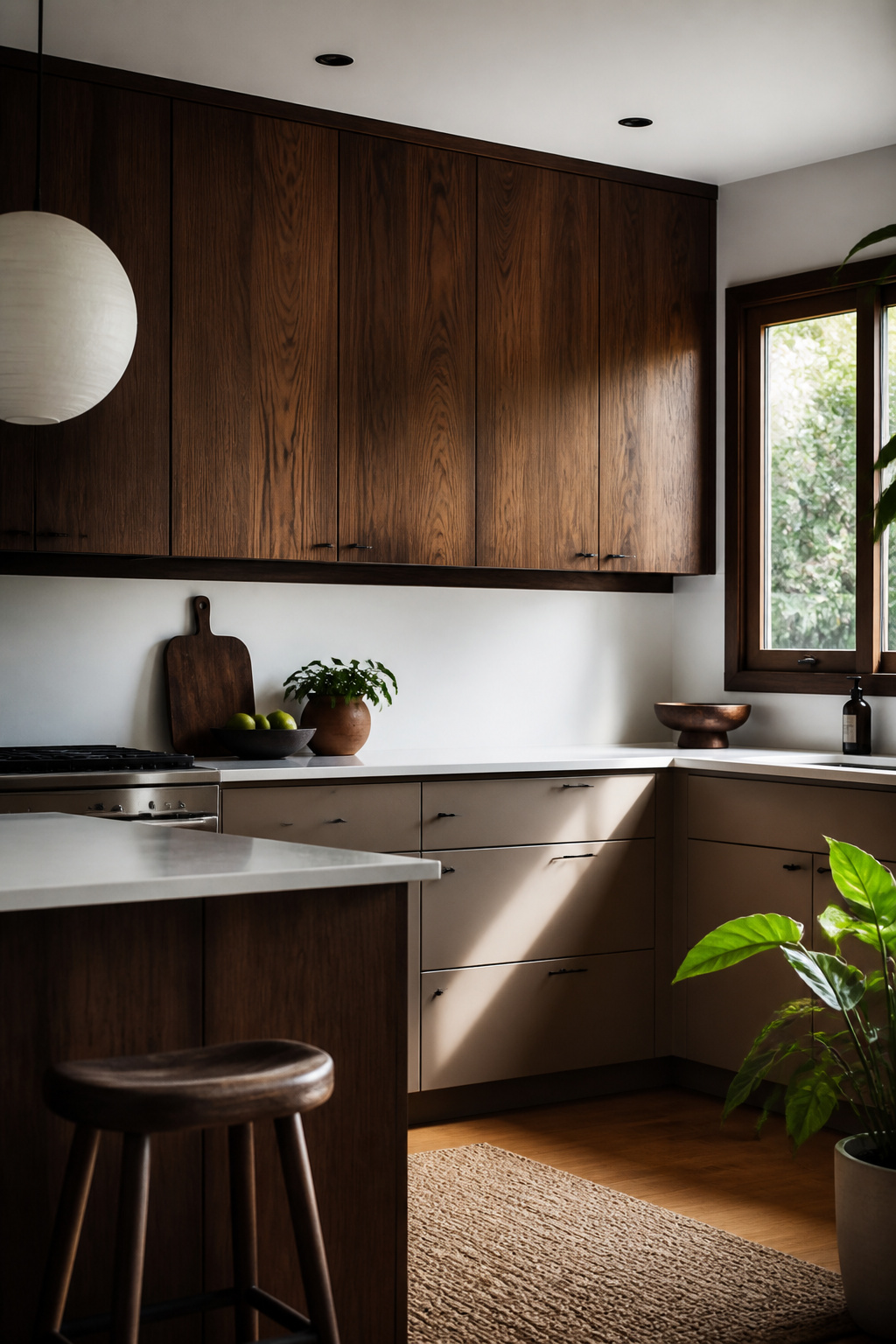 20 Upper Kitchen Cabinet Ideas: Color, Style & Storage for 2026 6 Dark walnut upper cabinets against white walls in a kitchen.
