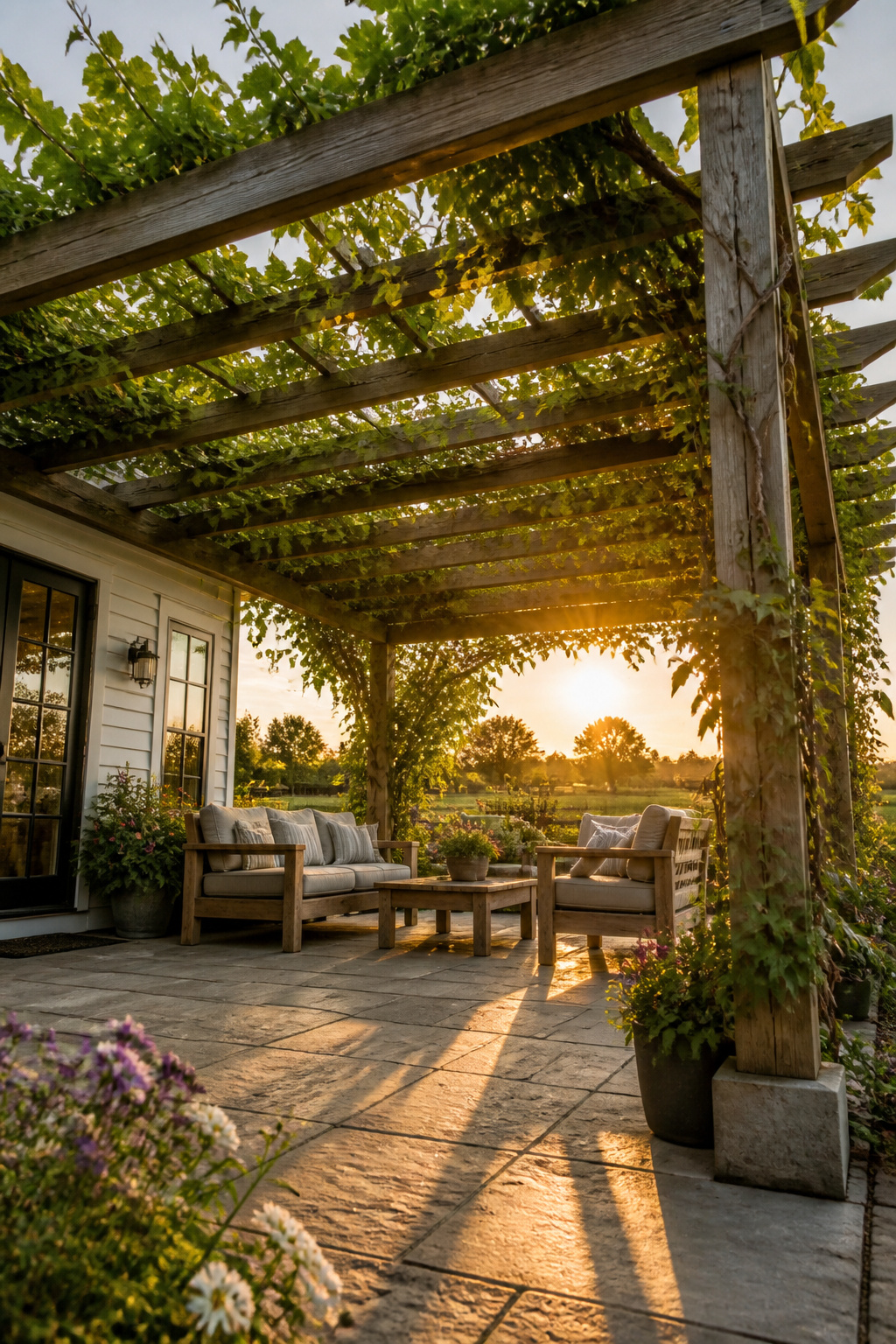 10 Farmhouse Outdoor Ideas for Backyards and Patios in 2026 6 Pressure-treated wooden pergola in a backyard garden.