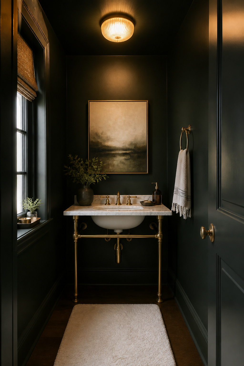 9 Paint Ideas for Small Bathrooms to Make the Room Feel Bigger (2026) 6 A powder room with dark green walls and warm brass fixtures.