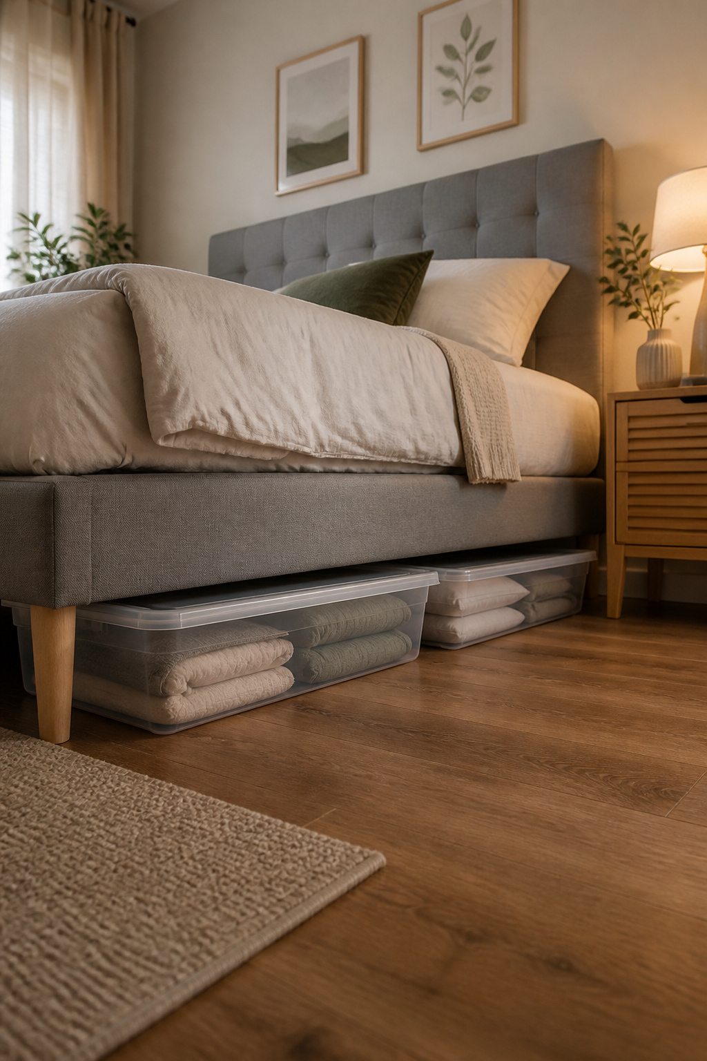 Long plastic bins under a bed for hidden storage.