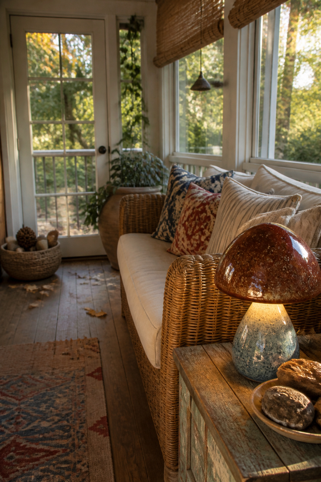 A ceramic mushroom lamp, plaid blanket, and wooden crate side table.