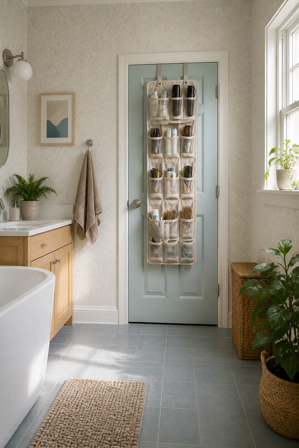 A cabinet mounted on the back of a bathroom door holding various toiletries.
