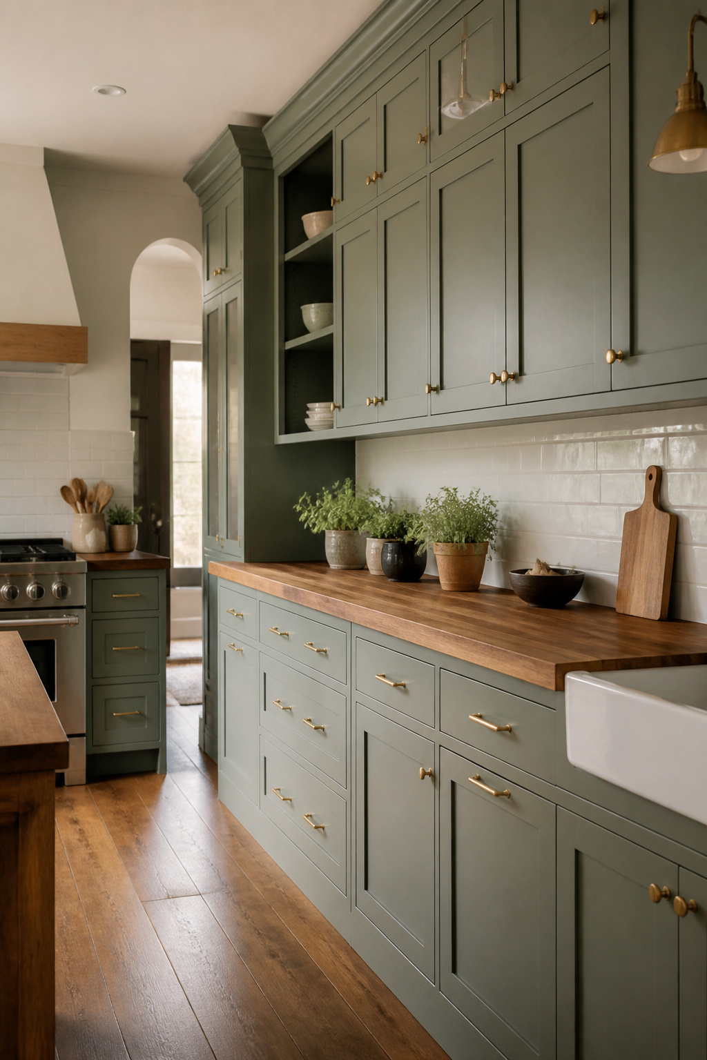 20 Upper Kitchen Cabinet Ideas: Color, Style & Storage for 2026 7 Upper cabinets painted smoky green-gray in a cozy kitchen.
