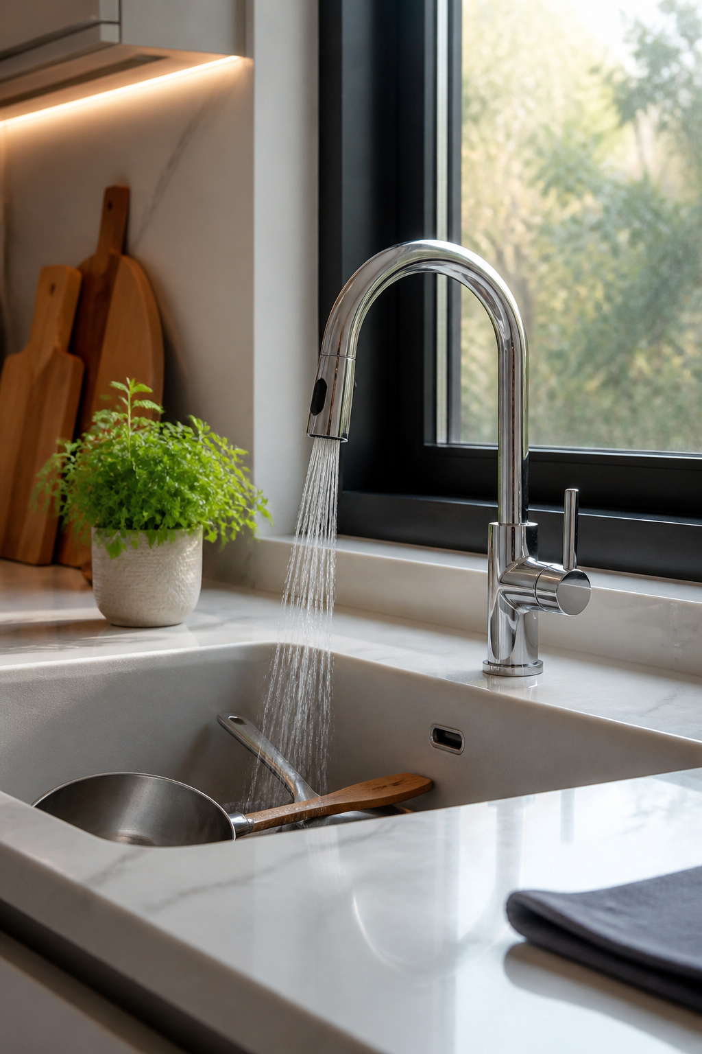 15 Smart Kitchen Design Ideas That Add Real Function for 2026 7 A contemporary smart faucet activated by motion in a sleek kitchen.