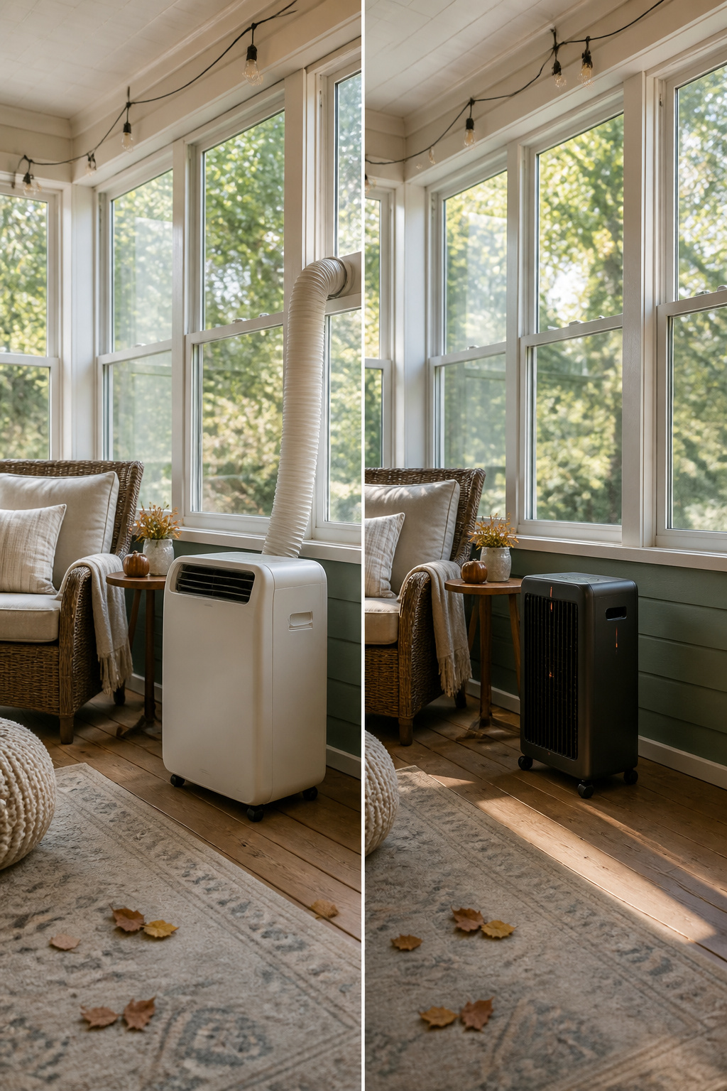 A portable heat pump unit placed in an enclosed porch setting.