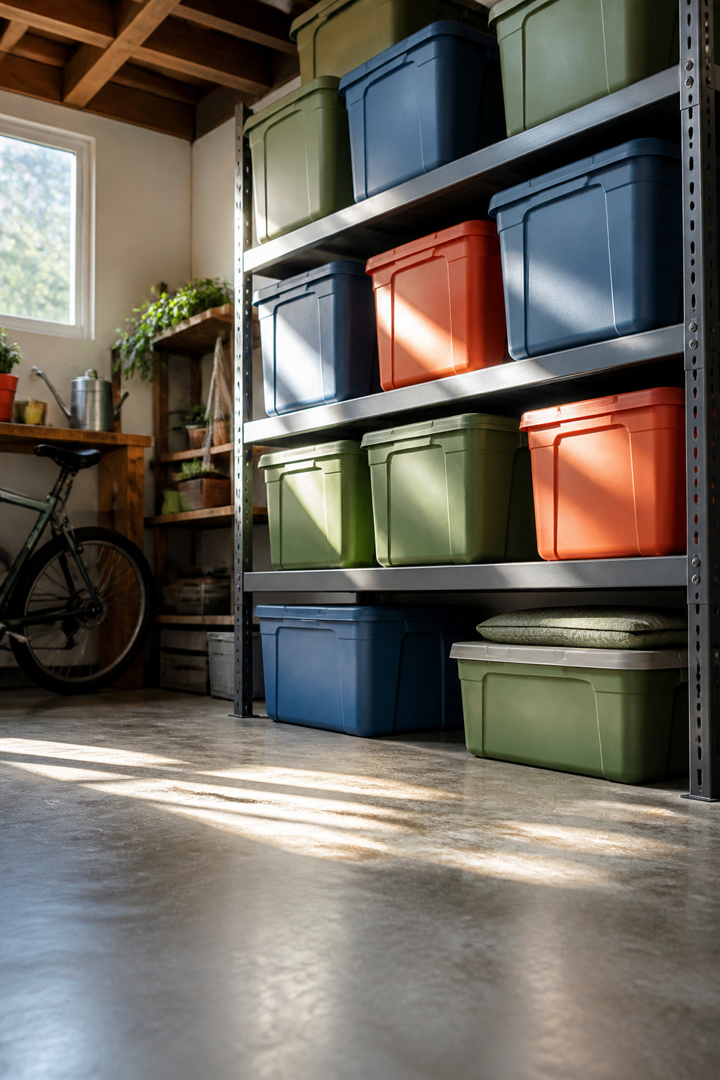 Cushion Storage Ideas: Sheds, Benches, Deck Boxes and More (2026) 7 Heavy-duty garage totes on metal shelving for storing cushions.
