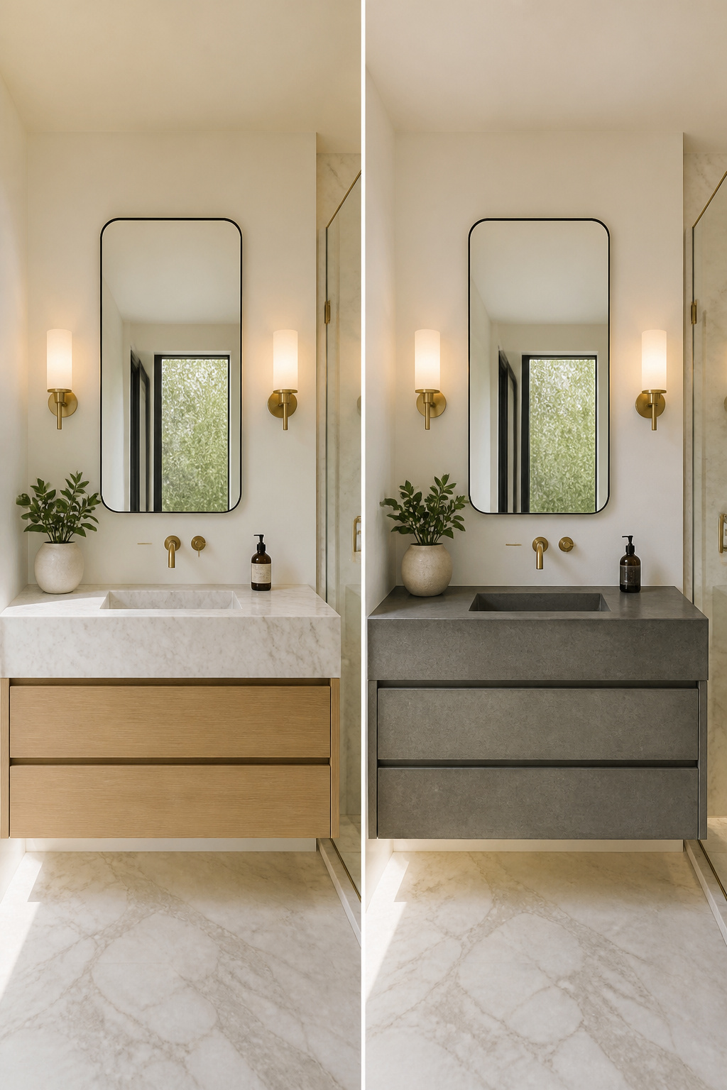 A bathroom with white marble countertops and brass fixtures.