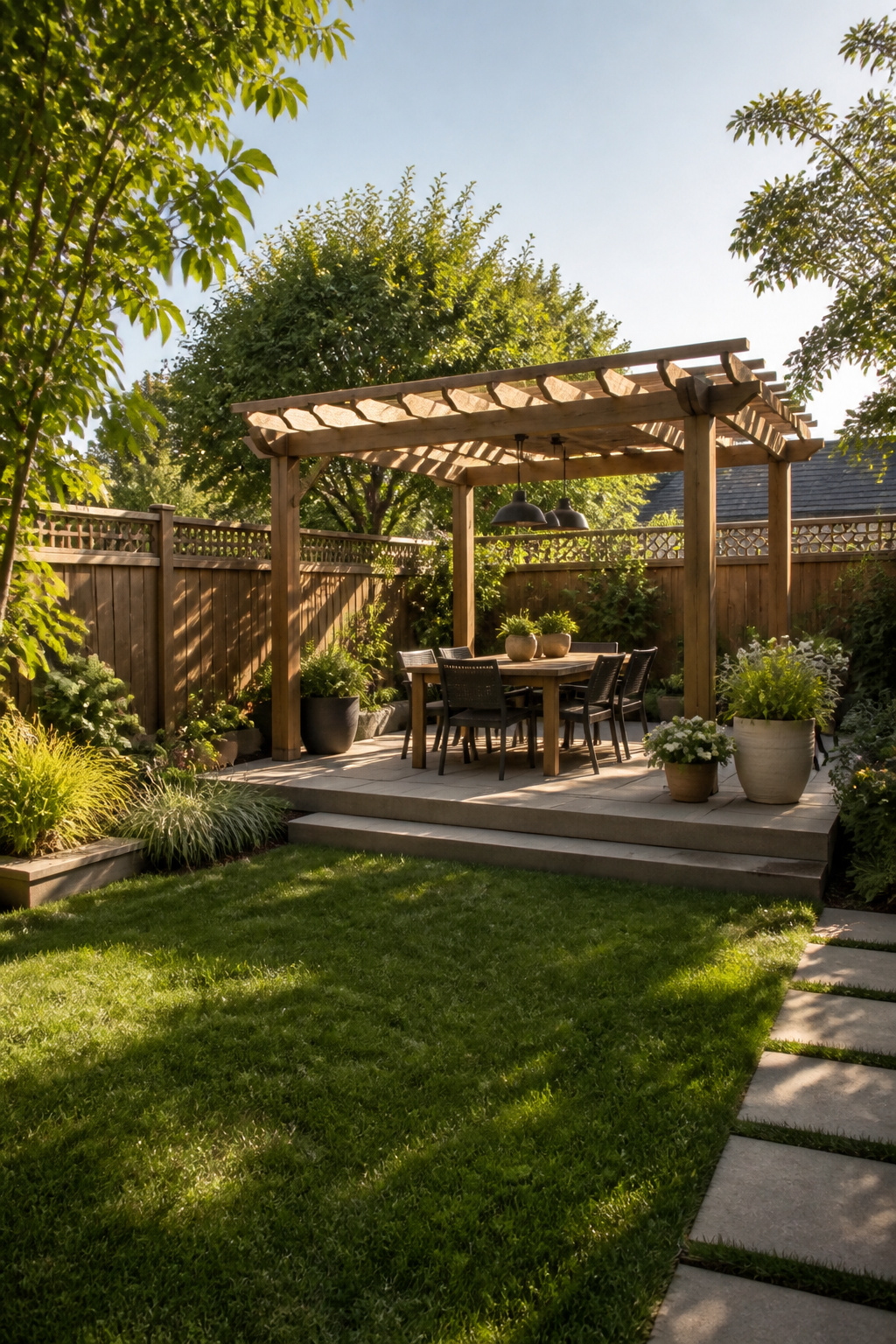 12 Small Backyard Ideas to Stretch Every Square Foot in 2026 7 Cedar pergola with slatted top in a small backyard.
