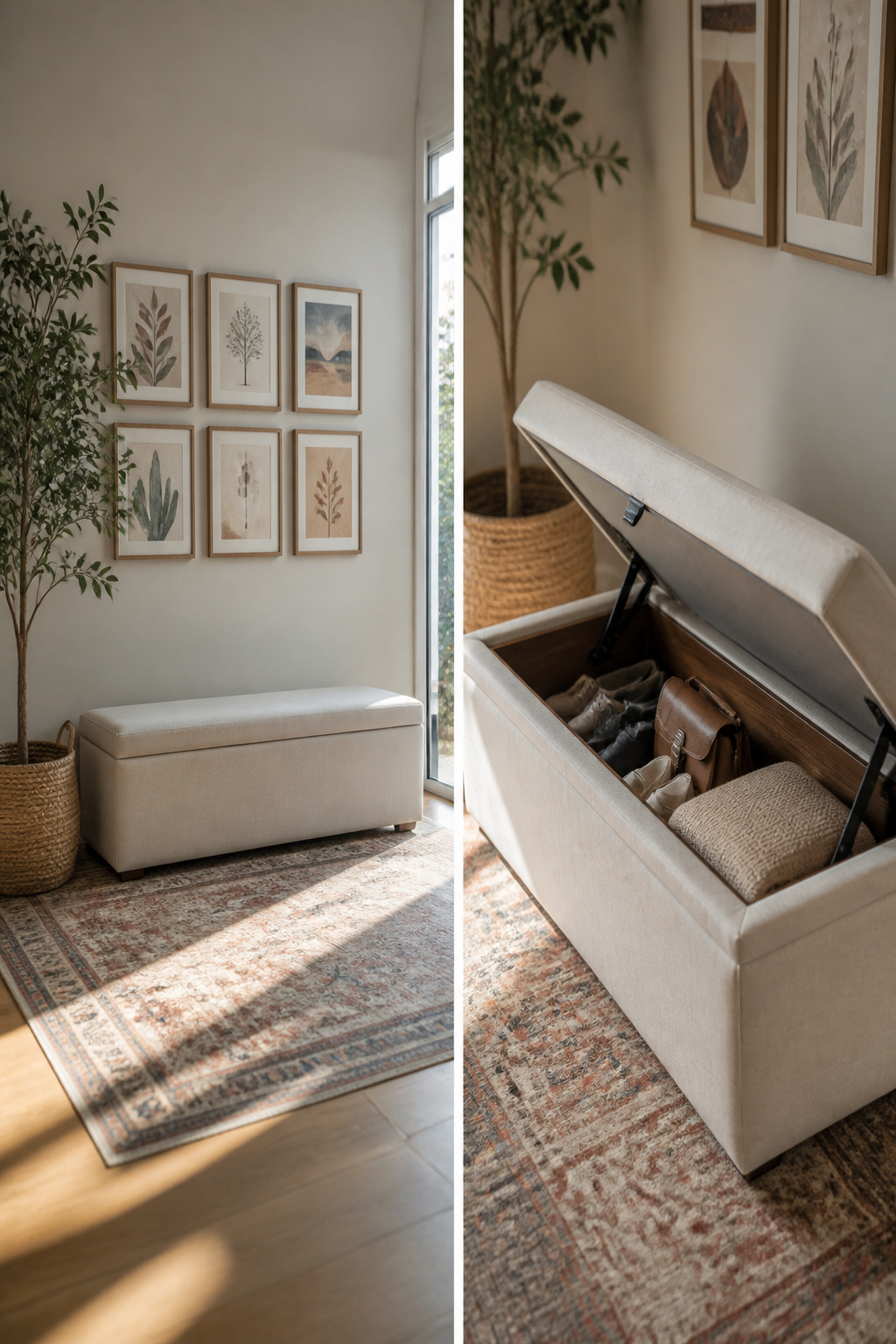 A flip-top storage bench holding shoes in an entryway.