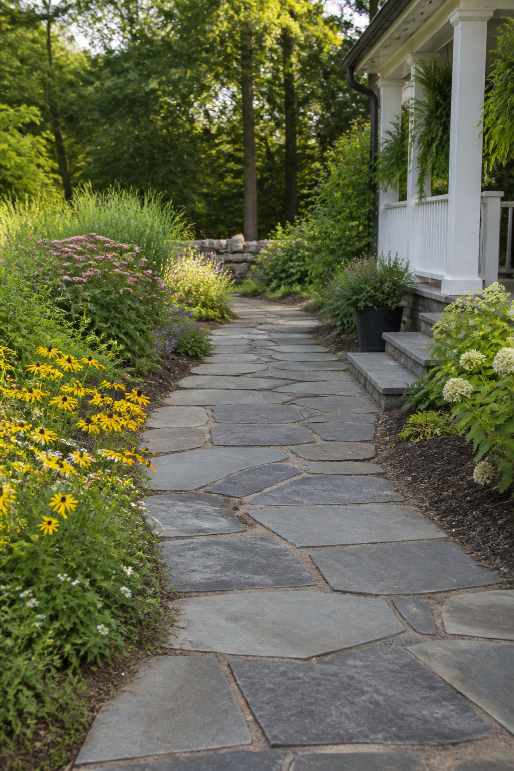 10 Farmhouse Outdoor Ideas for Backyards and Patios in 2026 7 Path made of bluestone stones surrounded by flowering plants.