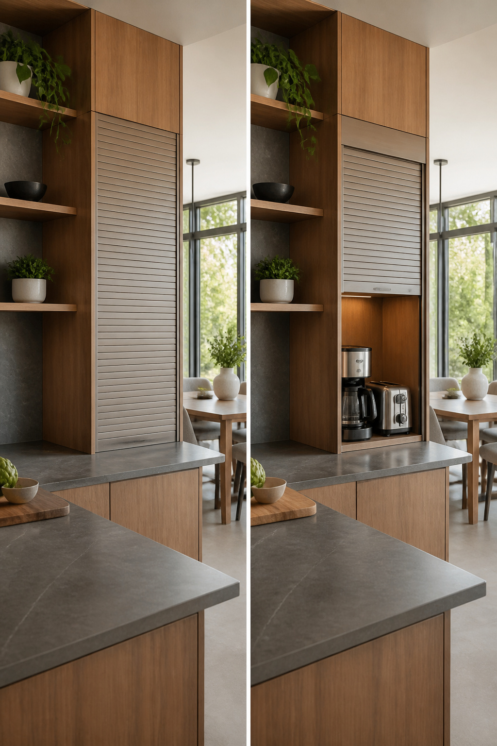 20 Convenient Kitchen Ideas for a Smarter 2026 Remodel 7 Compact space for kitchen appliances with a roll-up door in a cabinet.