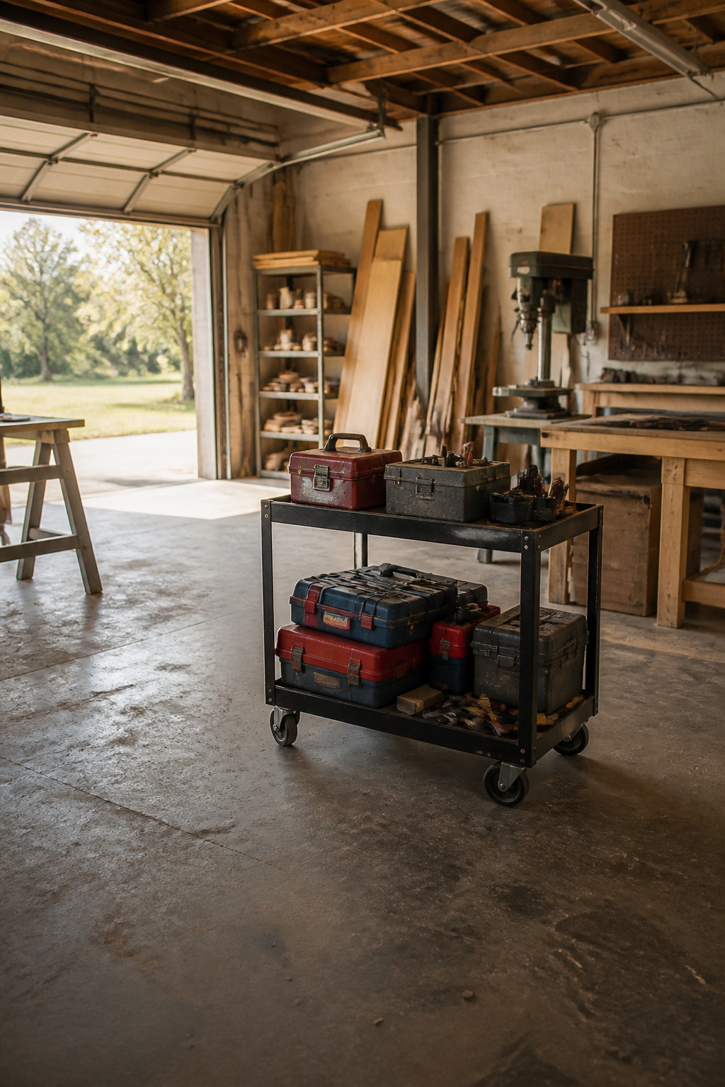 A rolling cart with tools organized on shelves, ready for use.