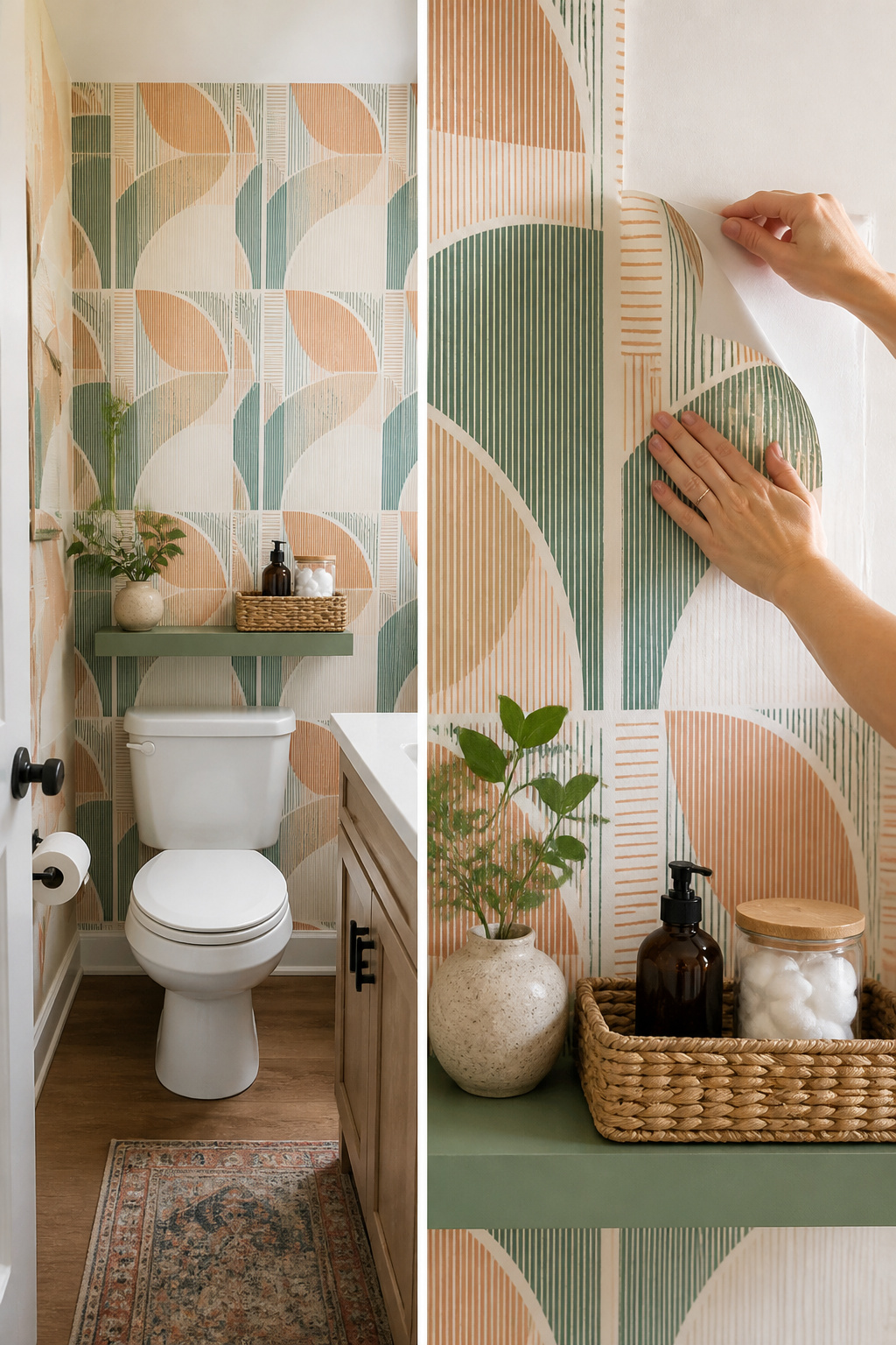 Peel-and-stick wallpaper applied to a wall behind a toilet.