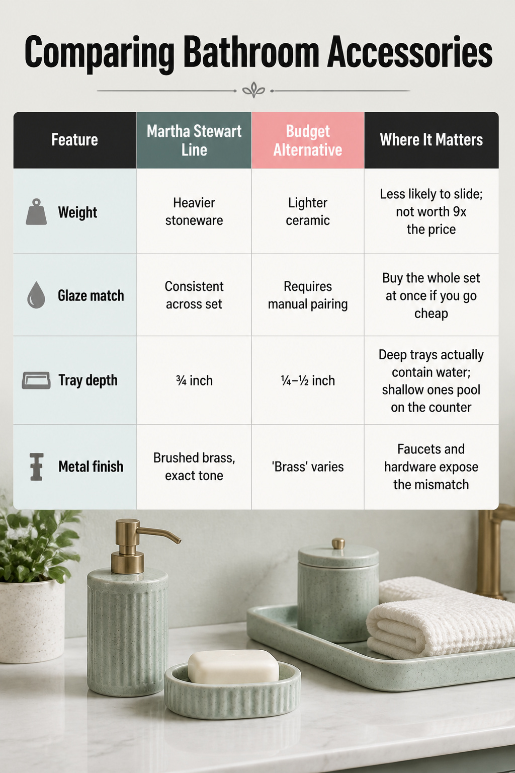 5 Martha Stewart Bathroom Ideas That Balance Clean Style With Personality 7 Comparison of bathroom accessories highlighting finishes and price differences.