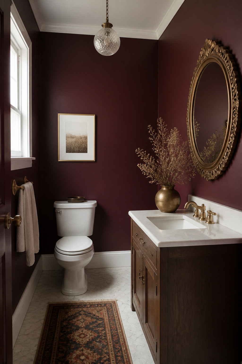 9 Paint Ideas for Small Bathrooms to Make the Room Feel Bigger (2026) 7 A compact bathroom with deep burgundy walls and white trim.