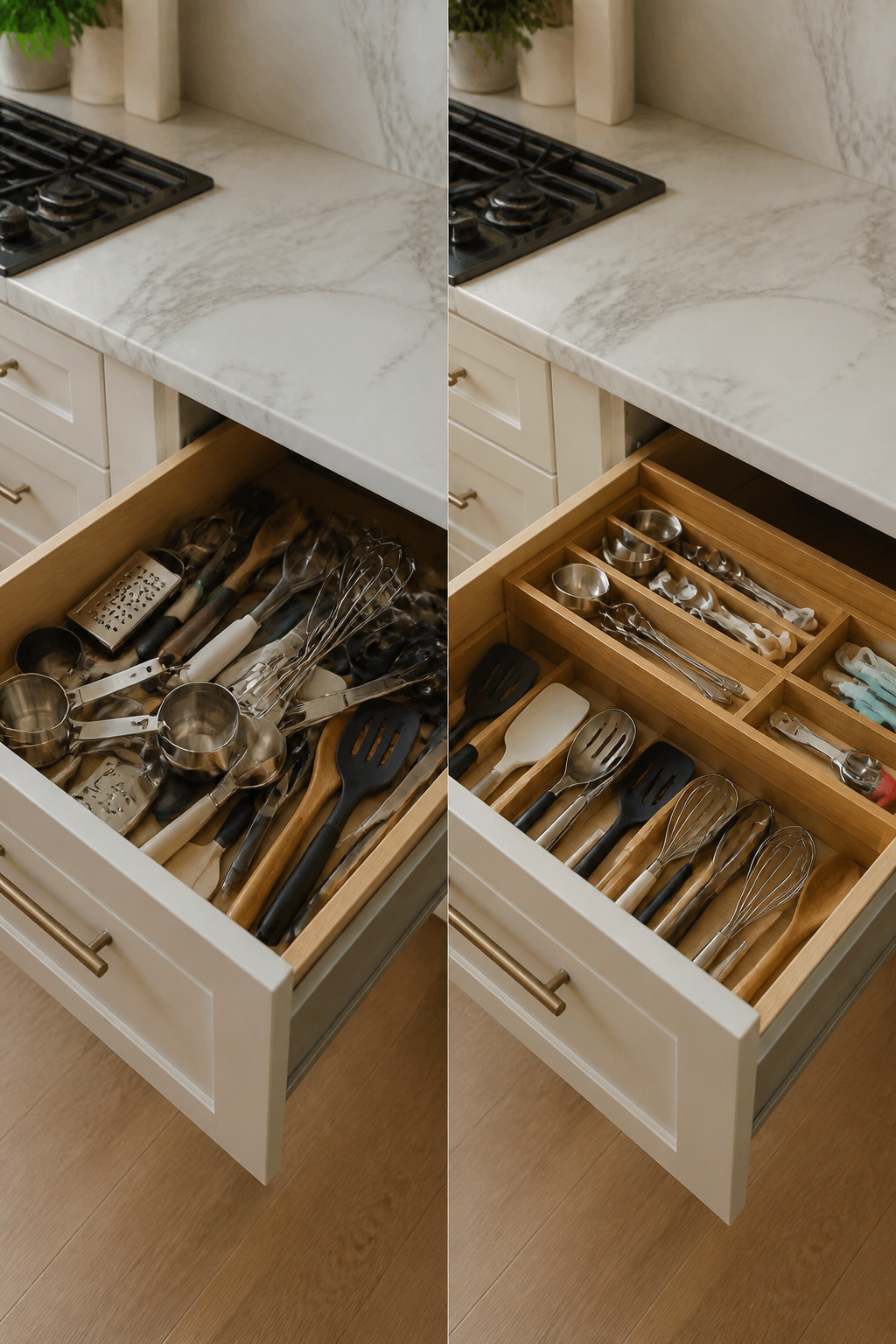15 Kitchen Cabinet Drawer Ideas for 2026 7 Drawer with tiered organizers for cutlery and small kitchen tools.