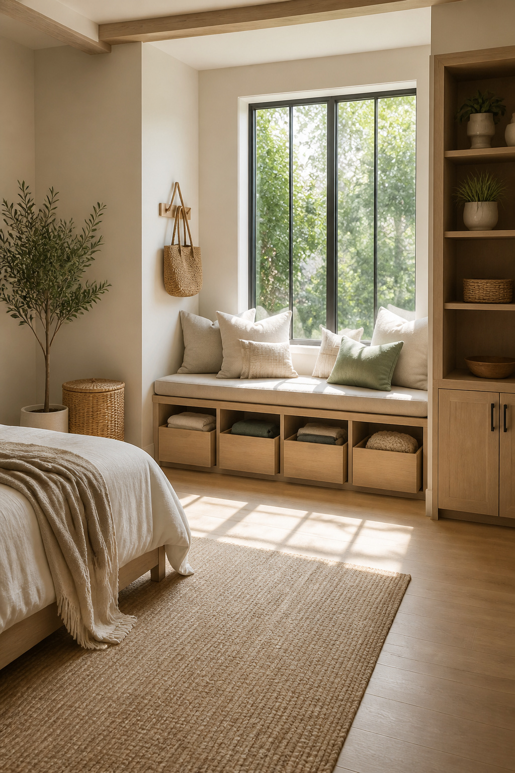 A window nook with a storage bench and pull-out bins underneath.