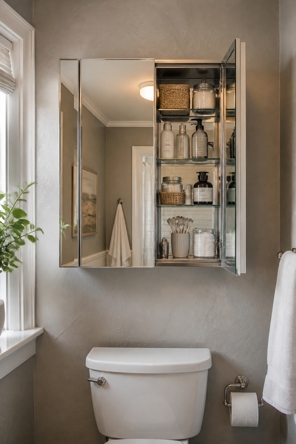 Mirrored medicine cabinet mounted above a toilet.