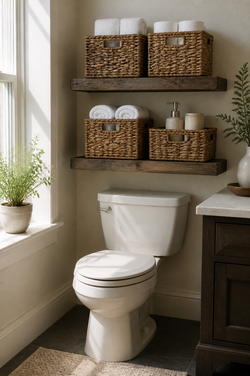 Woven seagrass baskets filled with towels above a toilet.