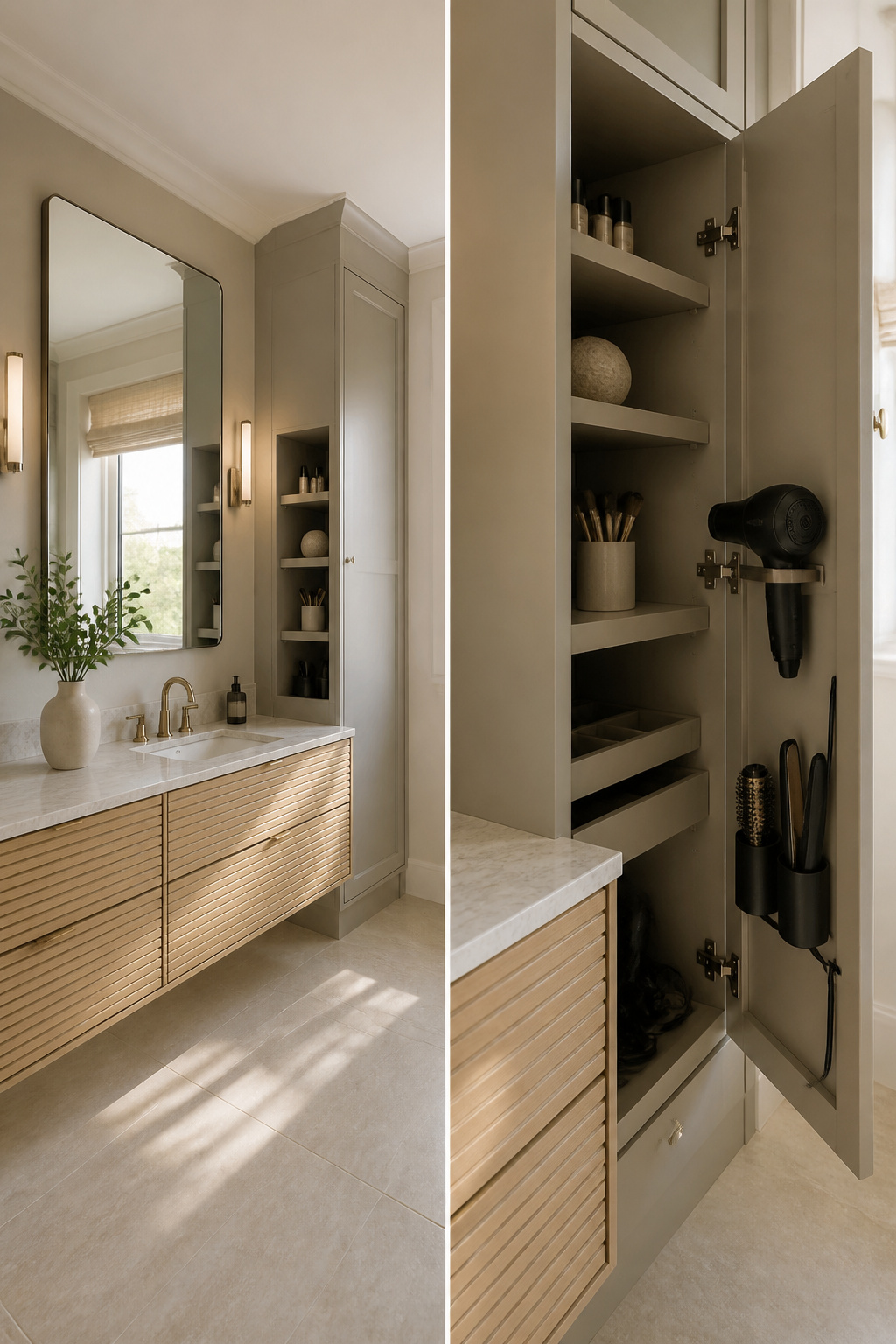 A bathroom with built-in cabinetry and organized storage solutions.