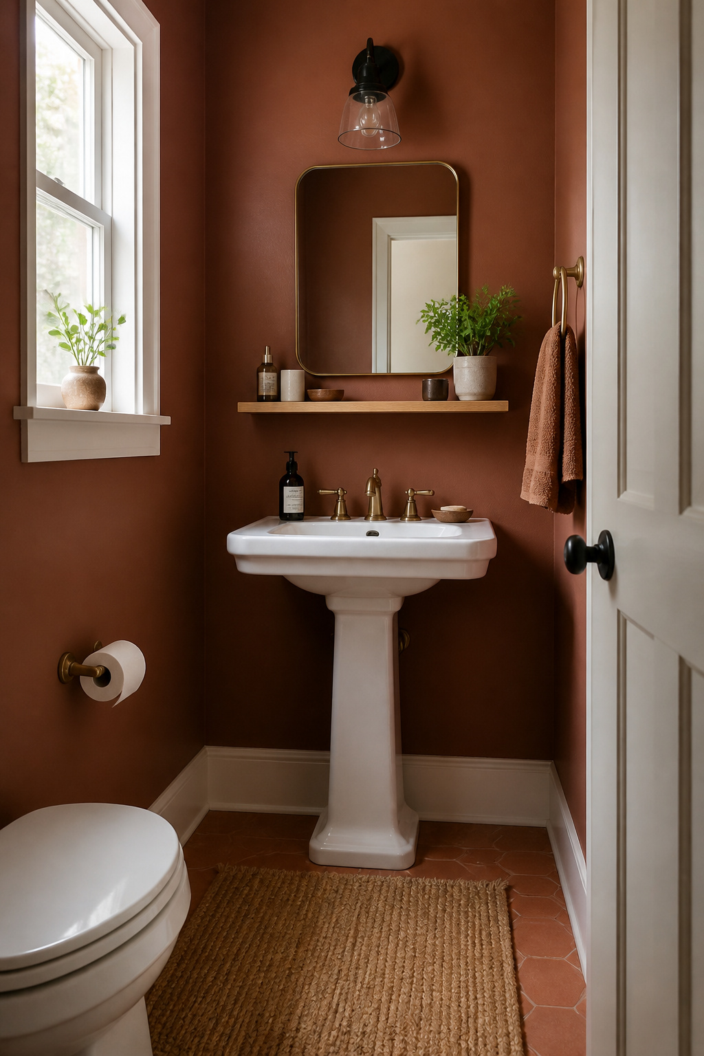 9 Paint Ideas for Small Bathrooms to Make the Room Feel Bigger (2026) 8 A small bathroom with terracotta-colored walls and a white pedestal sink.