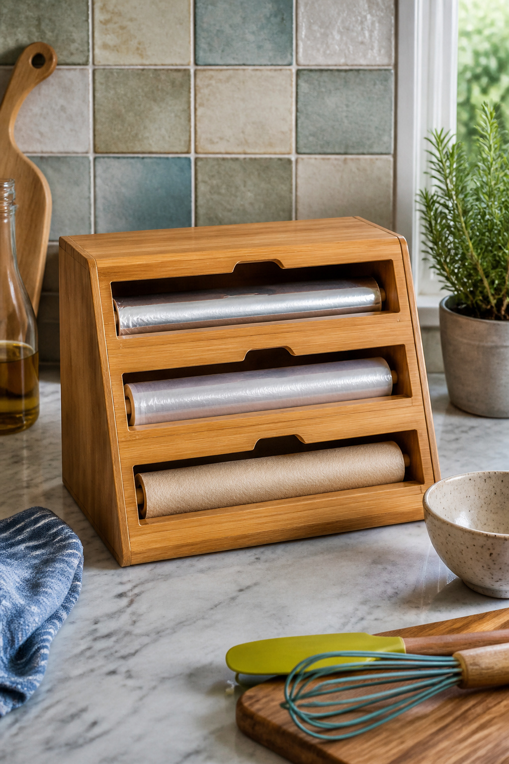8 Glad Wrap Storage Ideas That Keep the Roll in Check (2026) 8 Chic bamboo organizer holding rolls of foil, plastic wrap, and parchment.