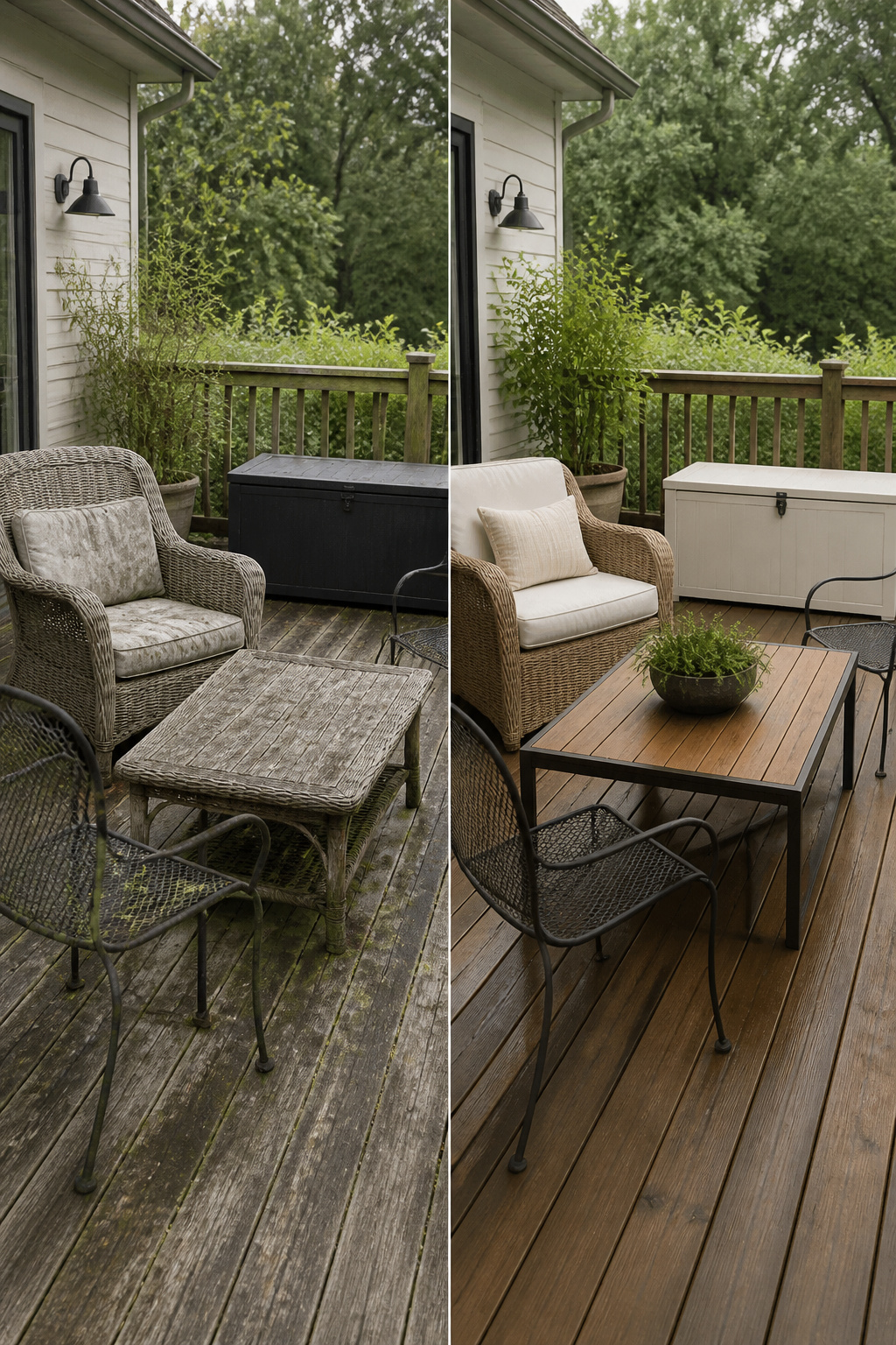 10 Farmhouse Outdoor Ideas for Backyards and Patios in 2026 8 Wicker, wood, and metal outdoor furniture on a patio.