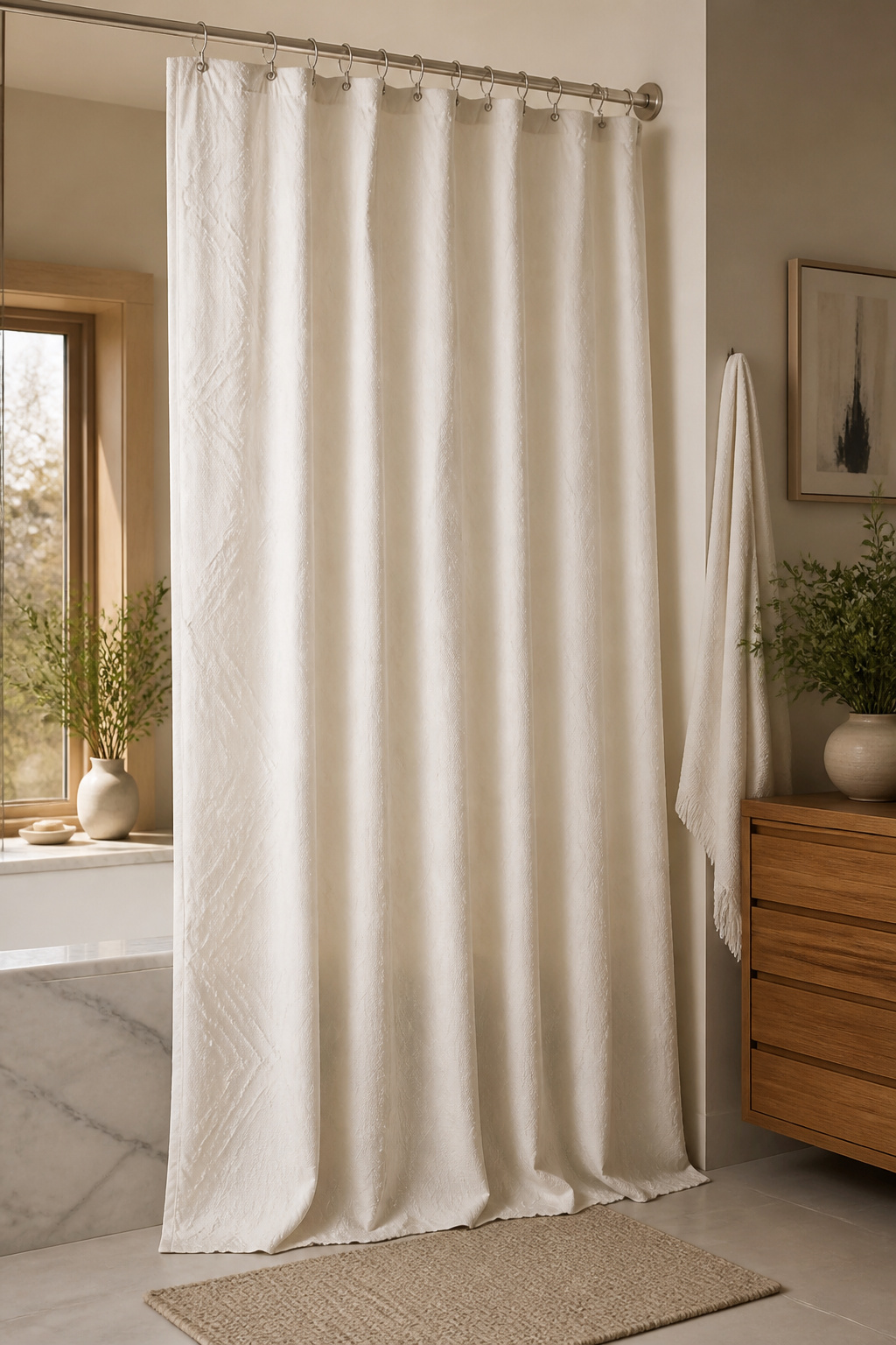 Shower curtain made of cotton duck hanging in a bathroom.