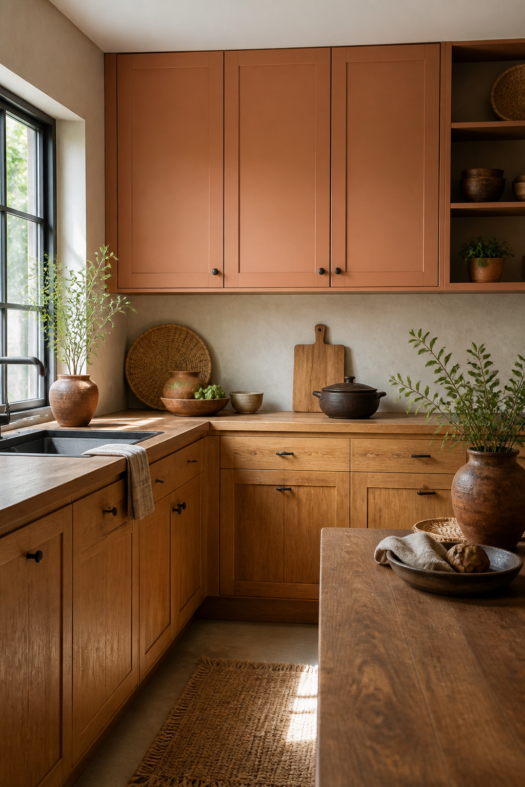 20 Upper Kitchen Cabinet Ideas: Color, Style & Storage for 2026 8 Upper cabinets in a warm clay tone paired with natural wood.