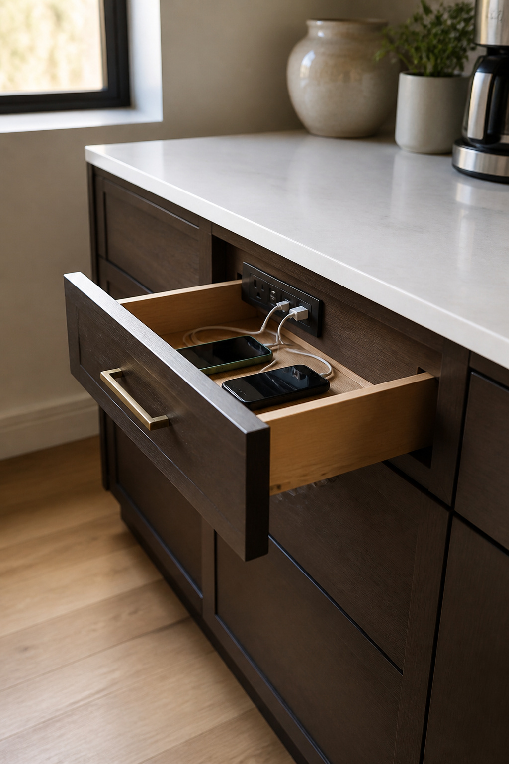 15 Kitchen Cabinet Drawer Ideas for 2026 8 Kitchen drawer with built-in outlet for charging devices.