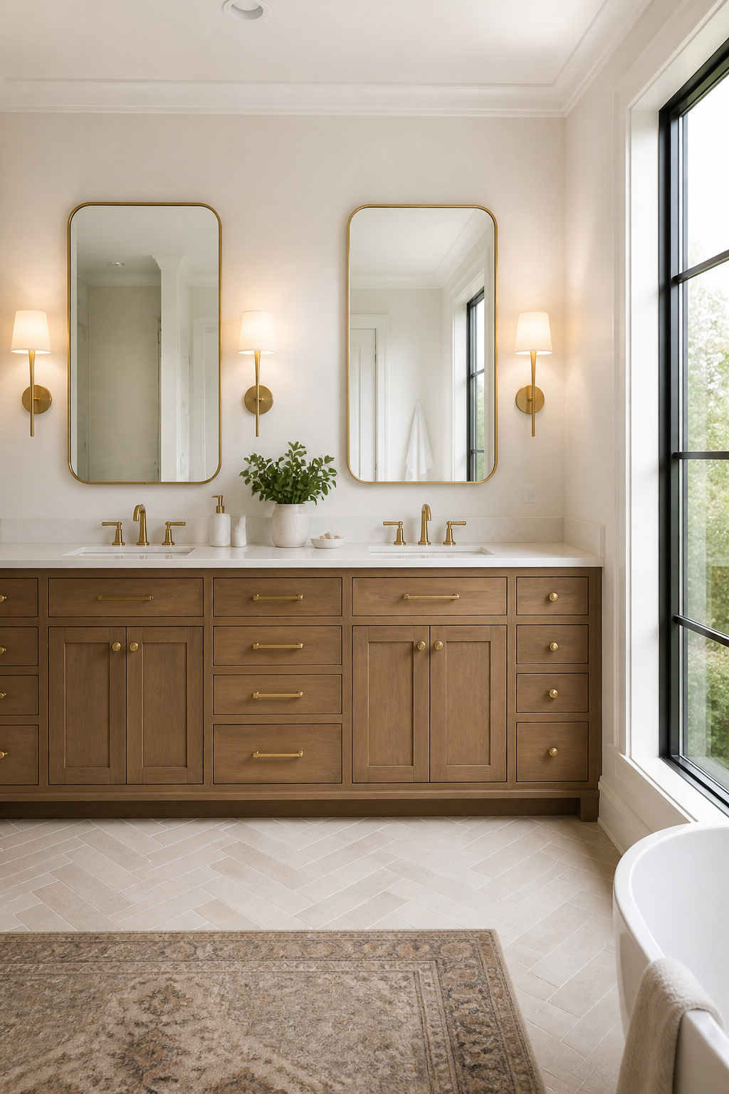 5 Martha Stewart Bathroom Ideas That Balance Clean Style With Personality 8 Double vanity with two sinks and organized storage in a bathroom.