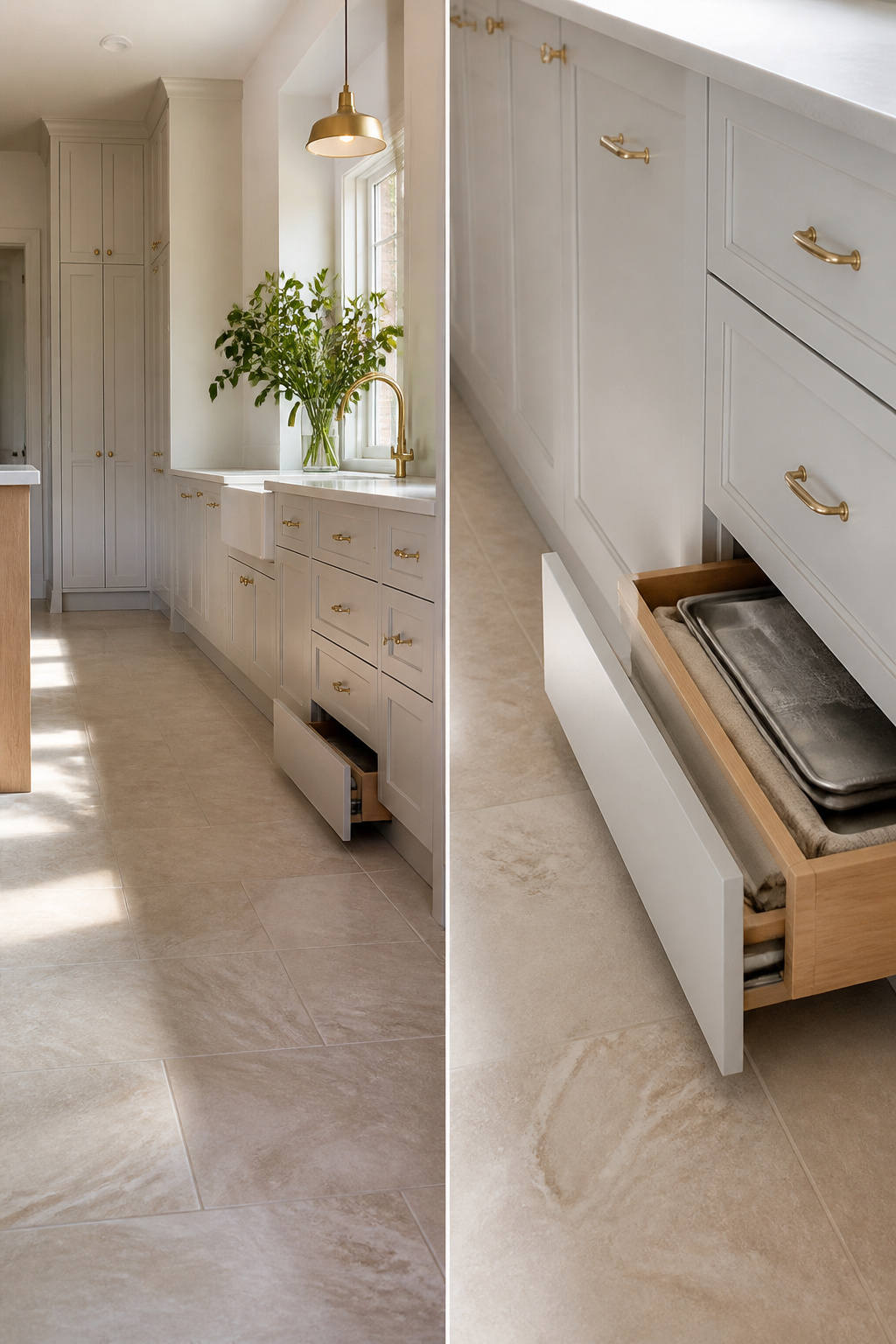20 Convenient Kitchen Ideas for a Smarter 2026 Remodel 8 Toe-kick drawer at the base of cabinets used for storage.