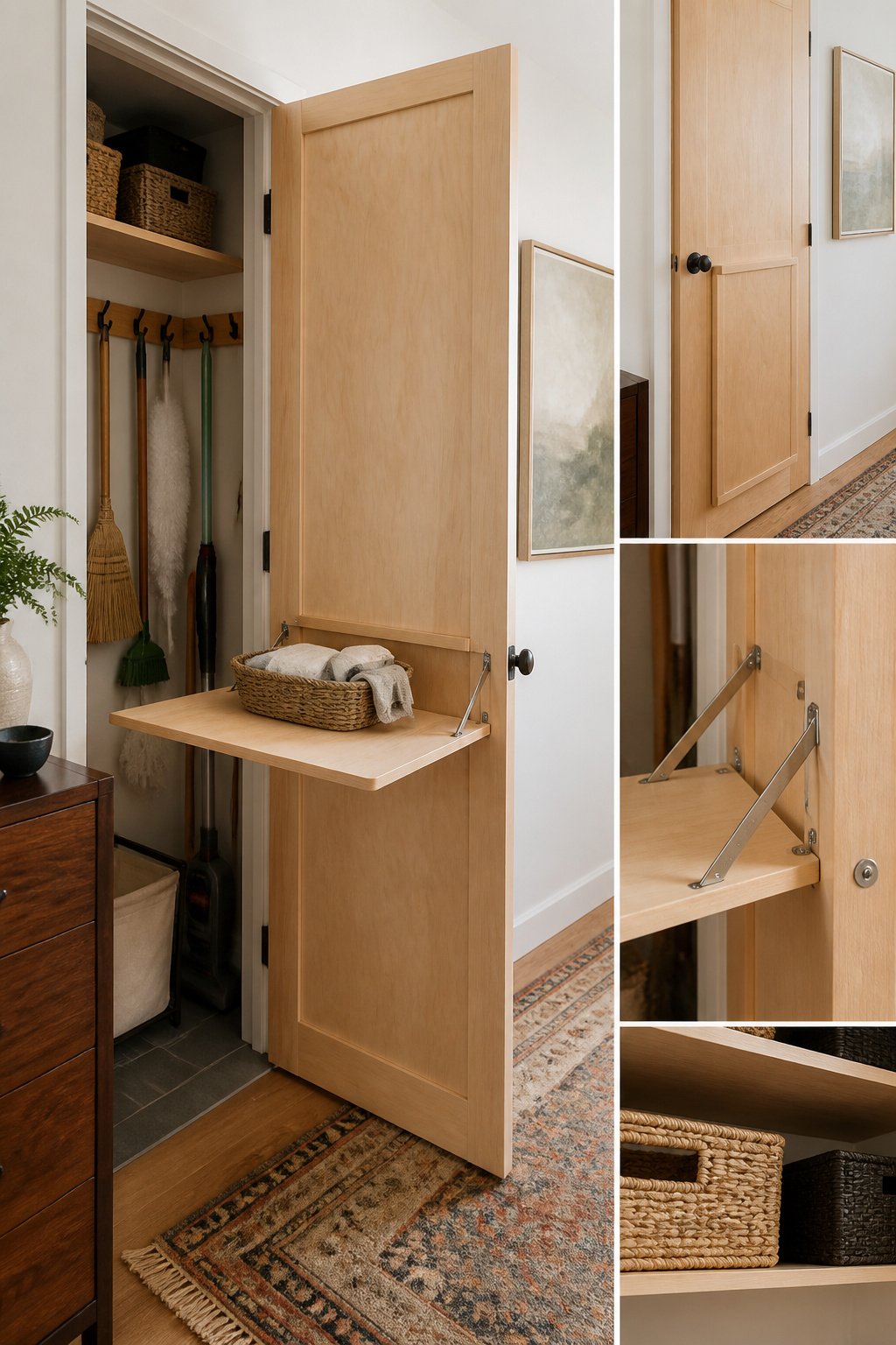 Fold-down table mounted on the inside of a broom closet door.