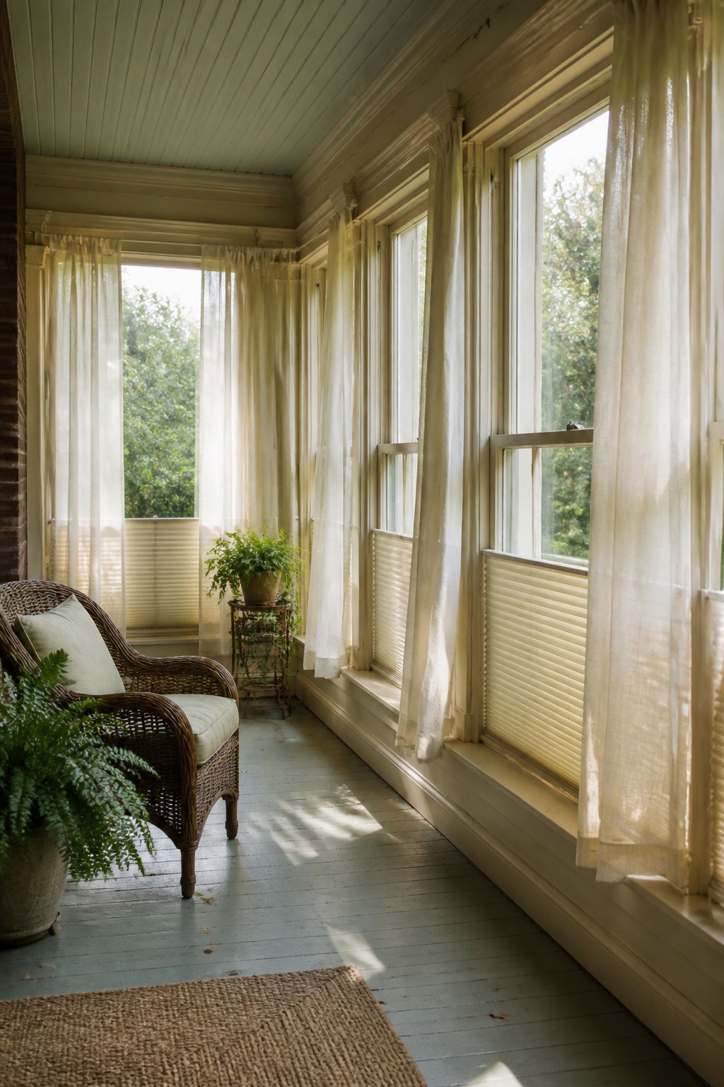Elegant bottom-up shades installed on windows in a bright porch.