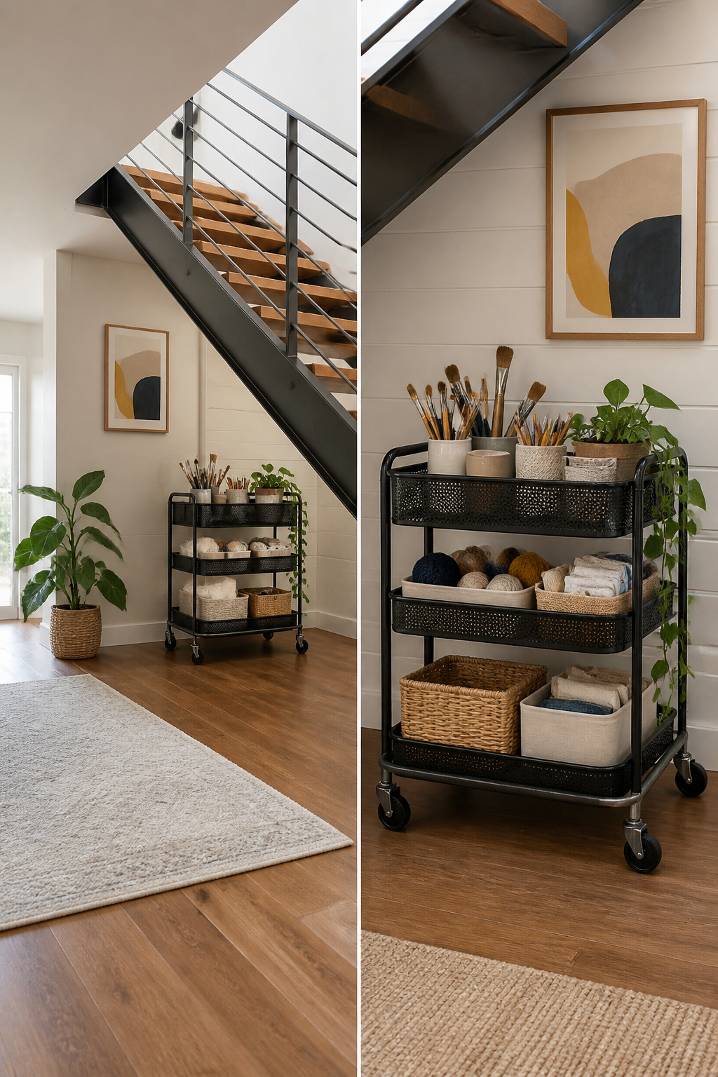 A pull-out drawer and rolling cart beneath a stairwell.