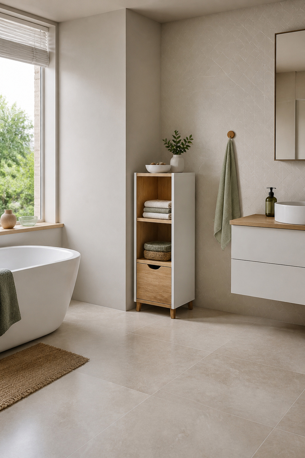 A slim floor cabinet positioned beside a toilet in a small bathroom.