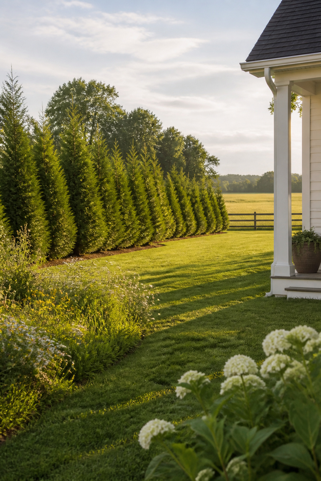 10 Farmhouse Outdoor Ideas for Backyards and Patios in 2026 9 Row of arborvitae hedges planted in a suburban yard.