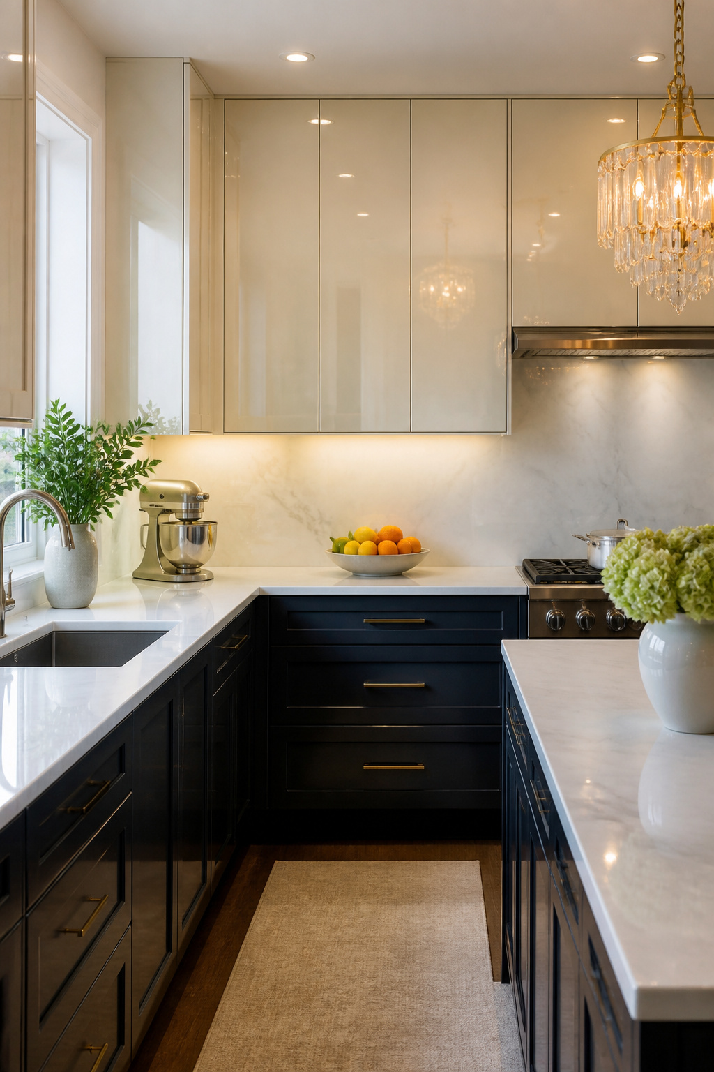 20 Upper Kitchen Cabinet Ideas: Color, Style & Storage for 2026 9 Reflective high-gloss cream upper cabinets in a compact kitchen.