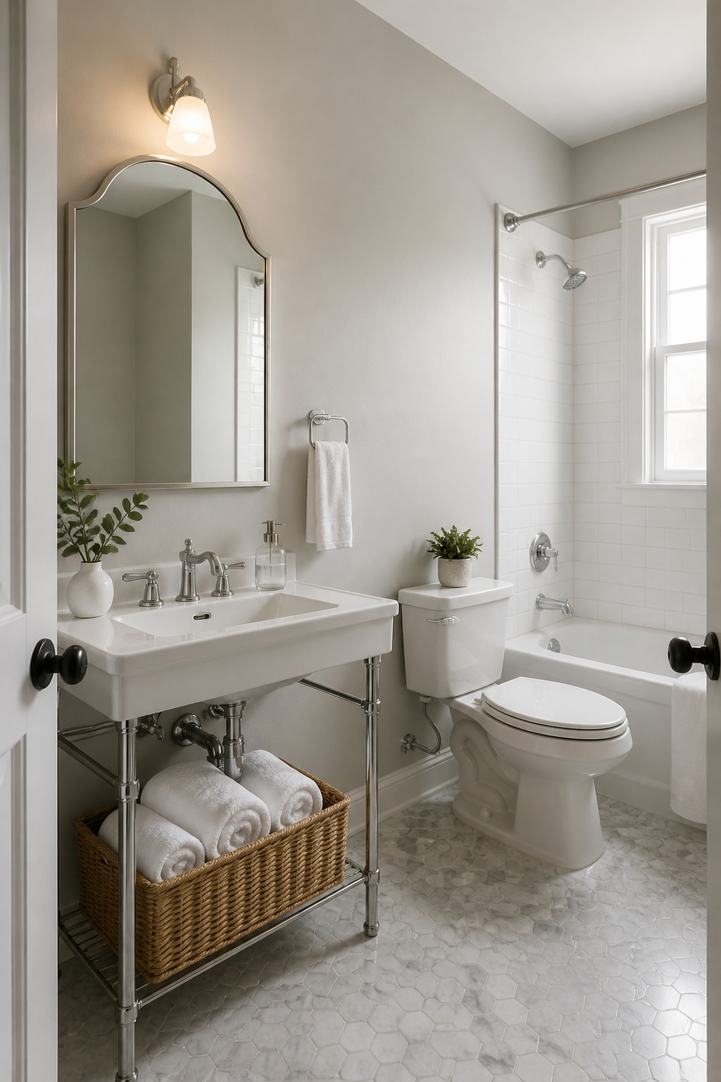 9 Paint Ideas for Small Bathrooms to Make the Room Feel Bigger (2026) 9 A small bathroom with light gray walls and a vintage-style mirror.