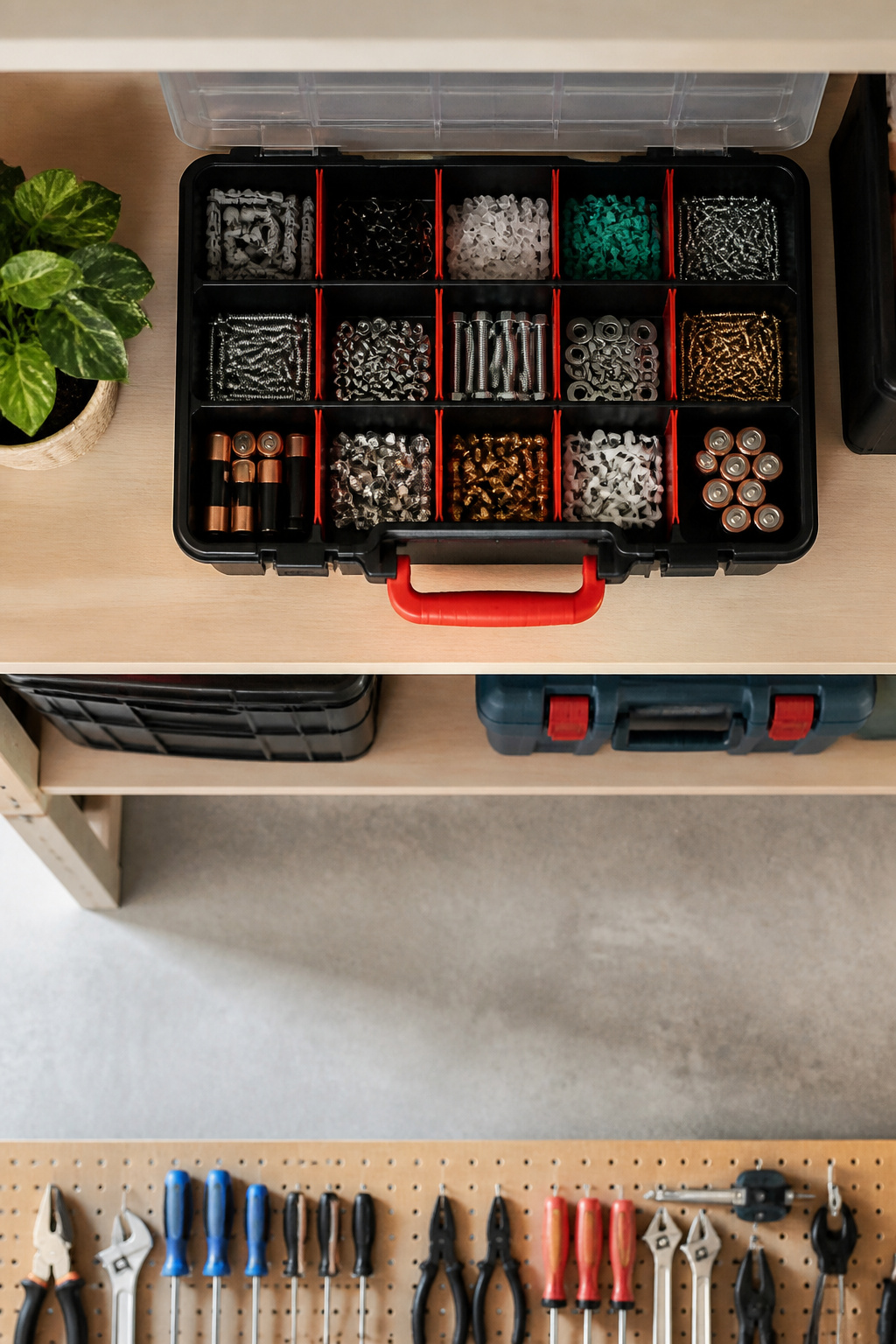 A toolbox with divided trays for organizing small hardware items.