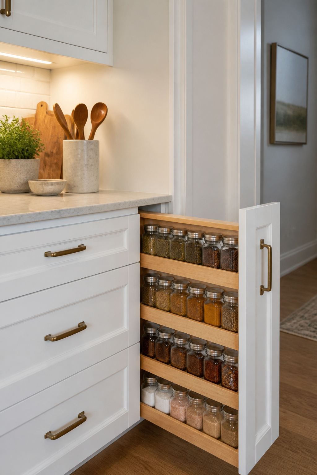 12 Kitchen Spice Rack Ideas to Organize Your Counter or Wall (2026) 9 A narrow pull-out spice rack displaying jars within a painted cabinet.