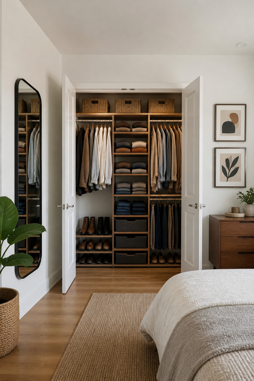 Adjustable closet rods and dividers in a well-organized closet.