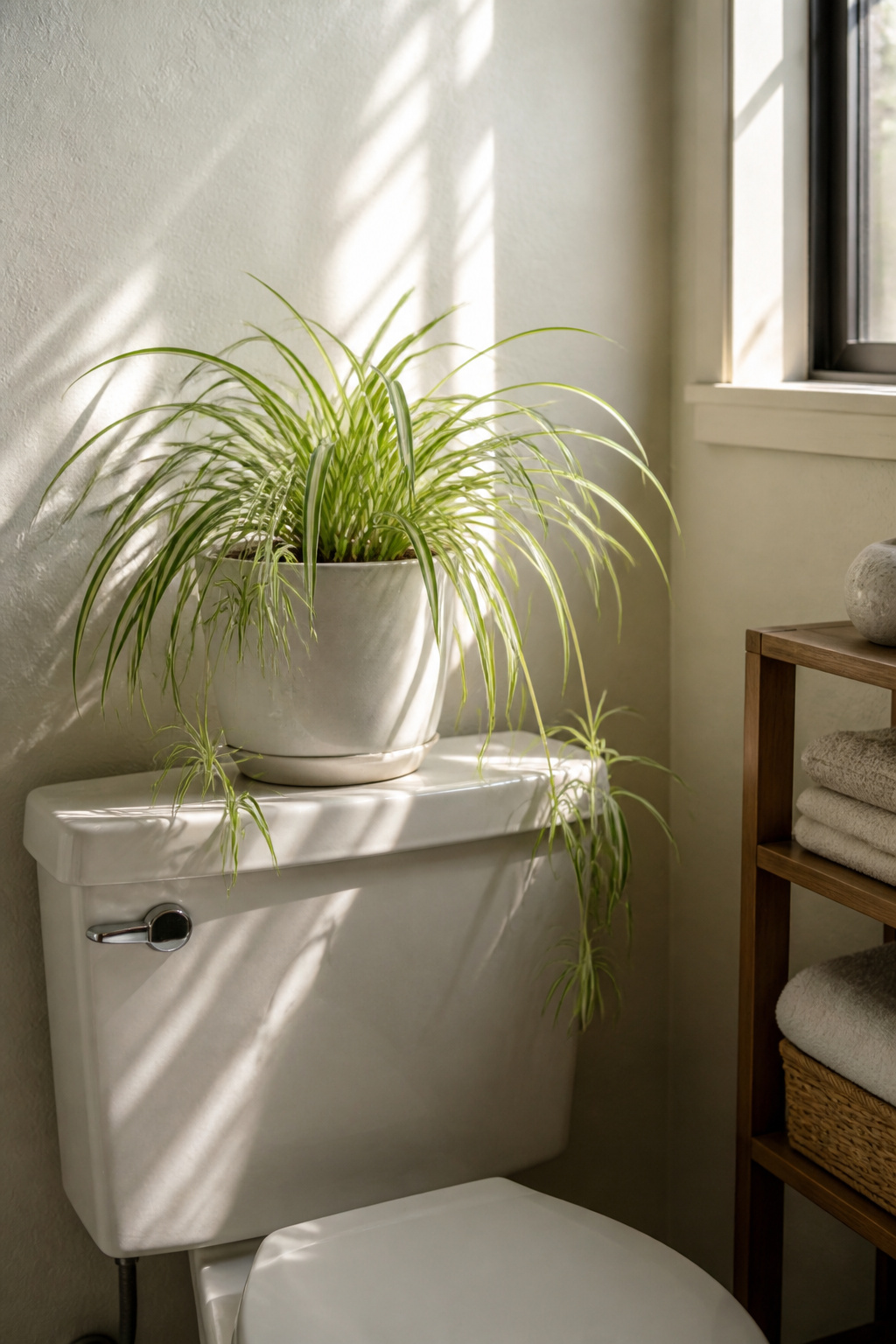 Ferns and spider plants positioned above a toilet.