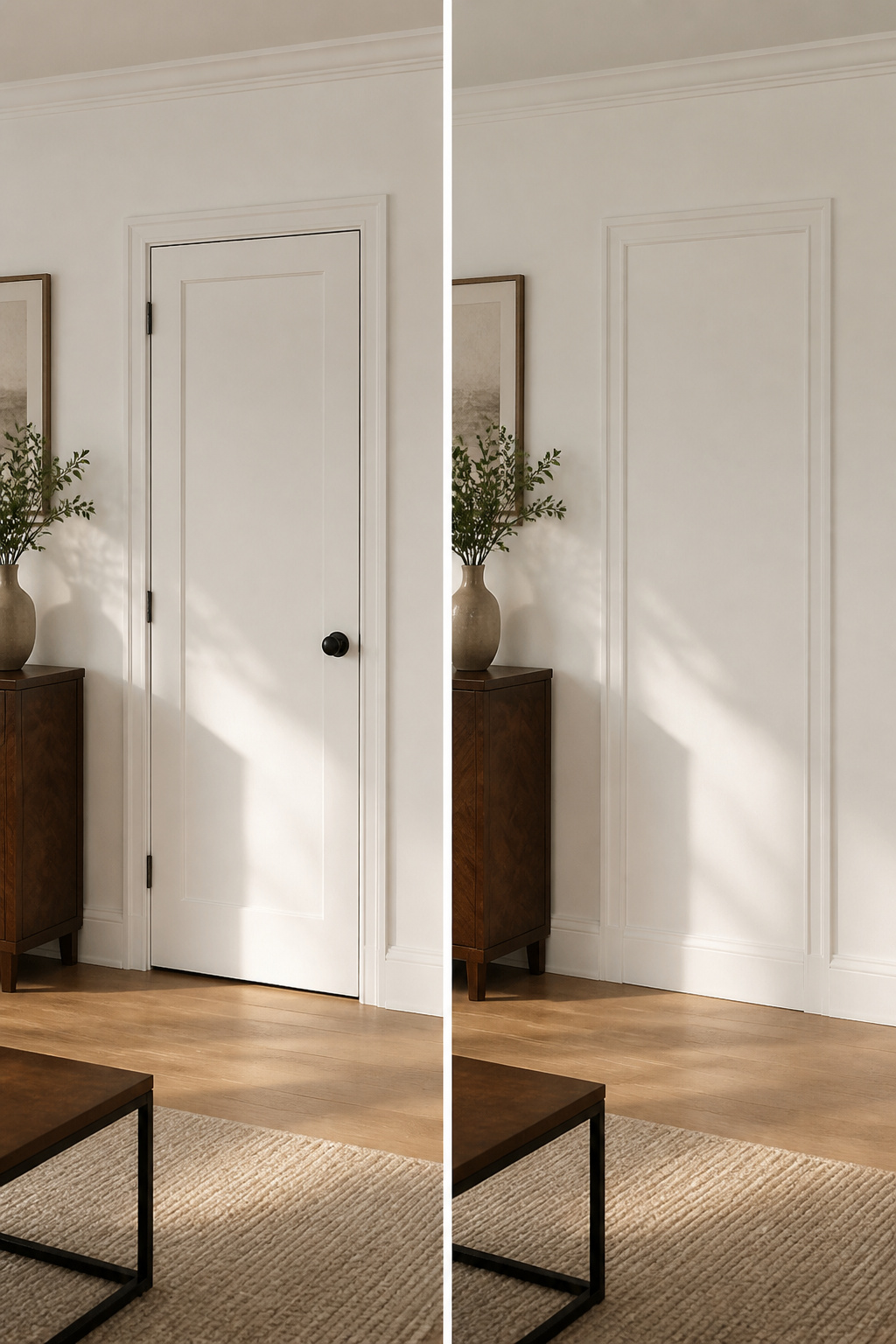 Broom closet door painted to match the surrounding wall.