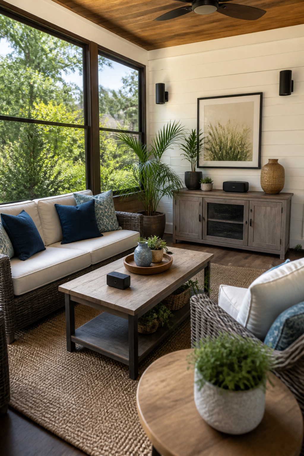 Weatherproof speakers mounted on walls in an enclosed porch.