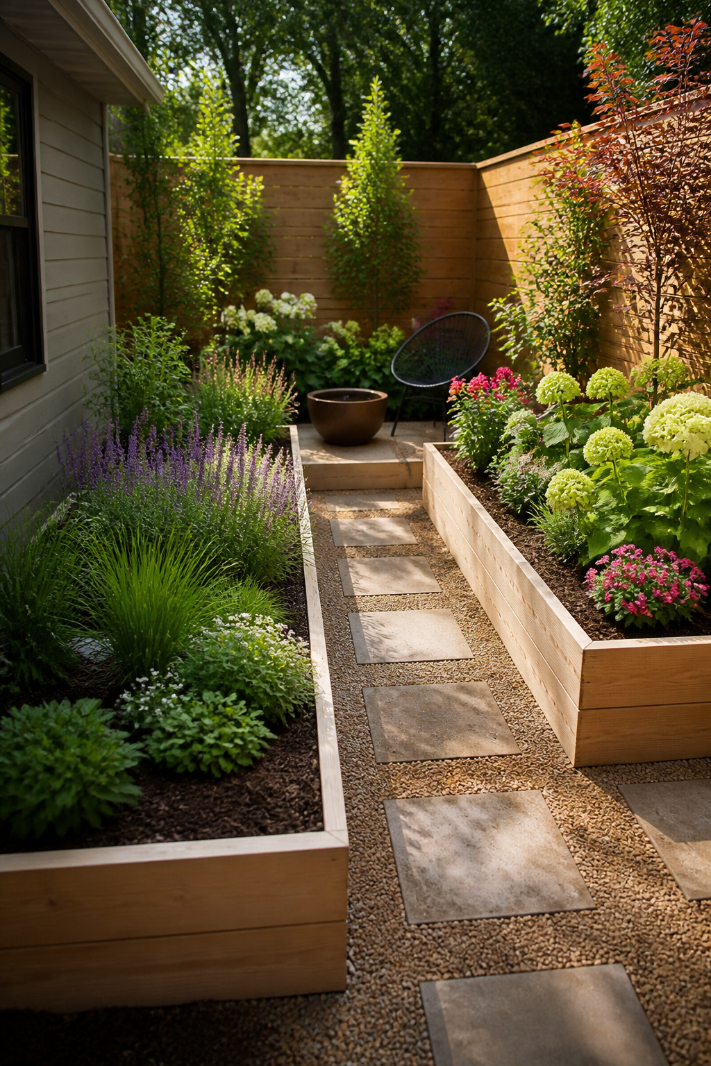 12 Small Backyard Ideas to Stretch Every Square Foot in 2026 9 Compact backyard with colorful dwarf plants in raised beds.