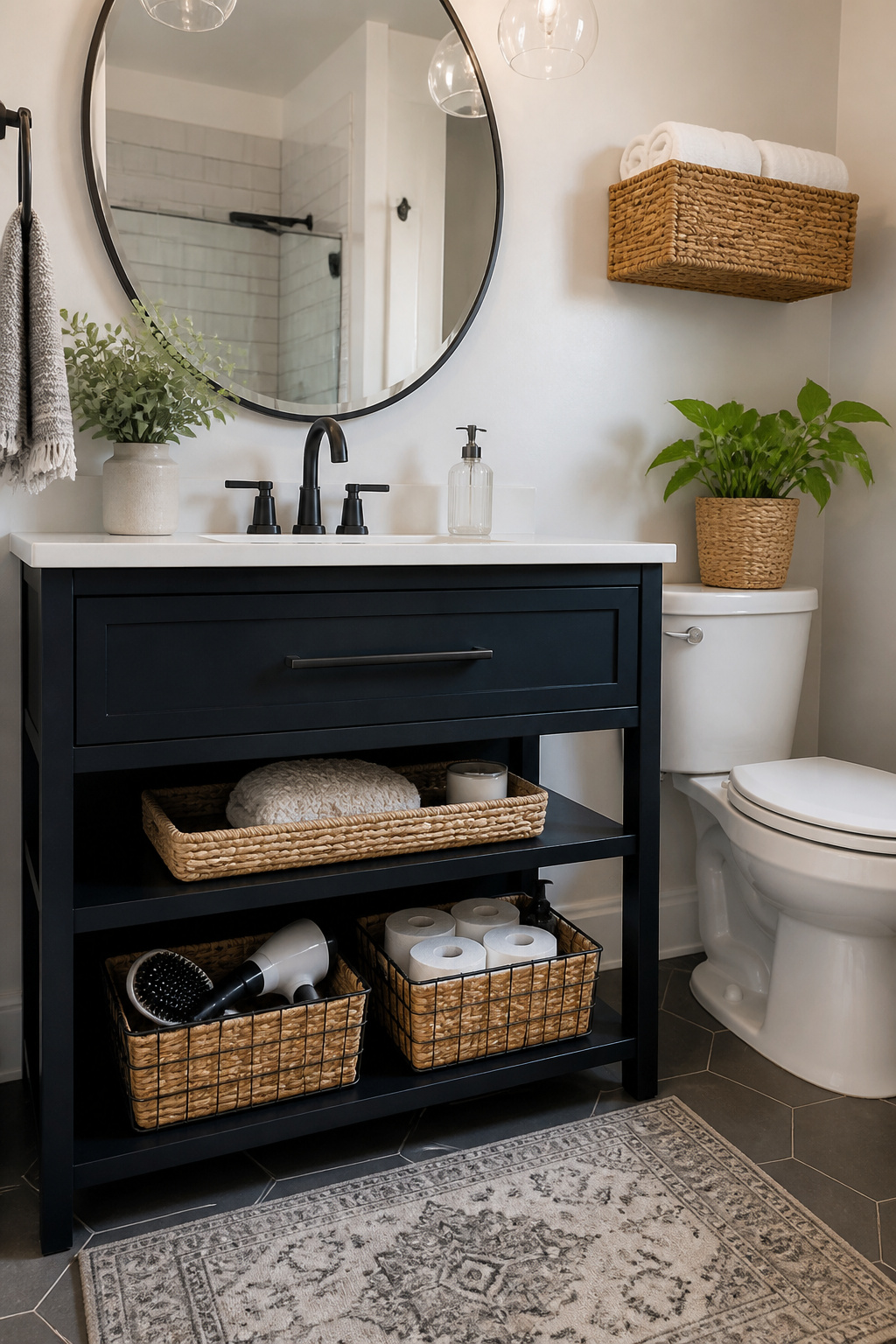 Wire storage baskets holding bathroom essentials on a shelf.