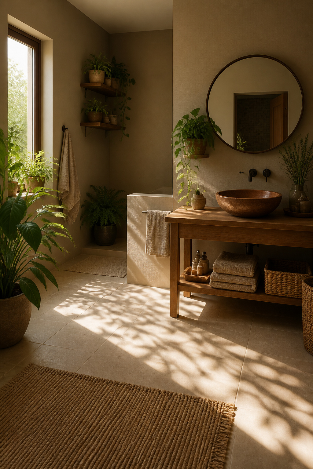 A bathroom featuring earthy tones and potted plants.