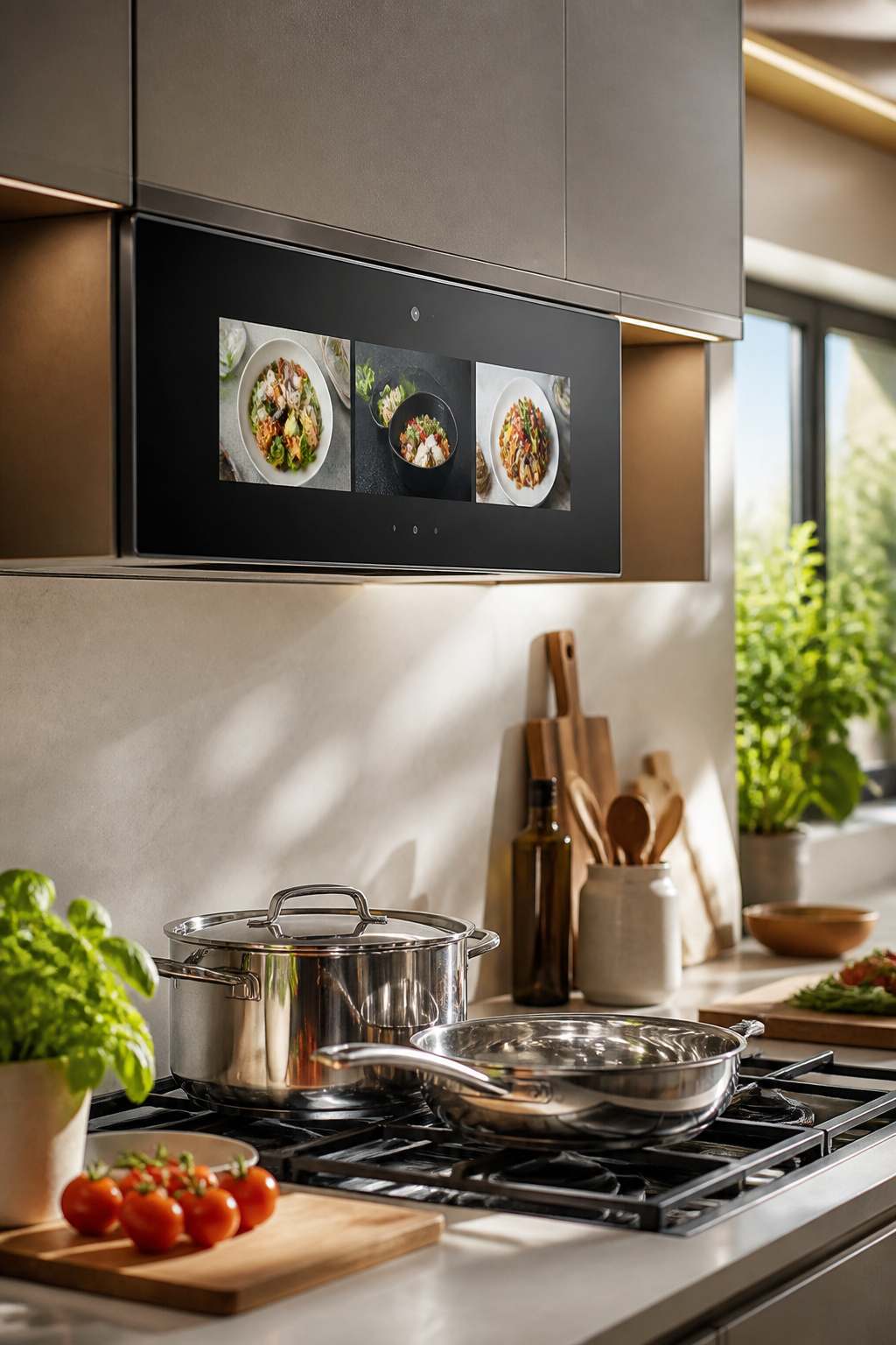 15 Smart Kitchen Design Ideas That Add Real Function for 2026 10 A kitchen hub mounted over the range with a touchscreen display.