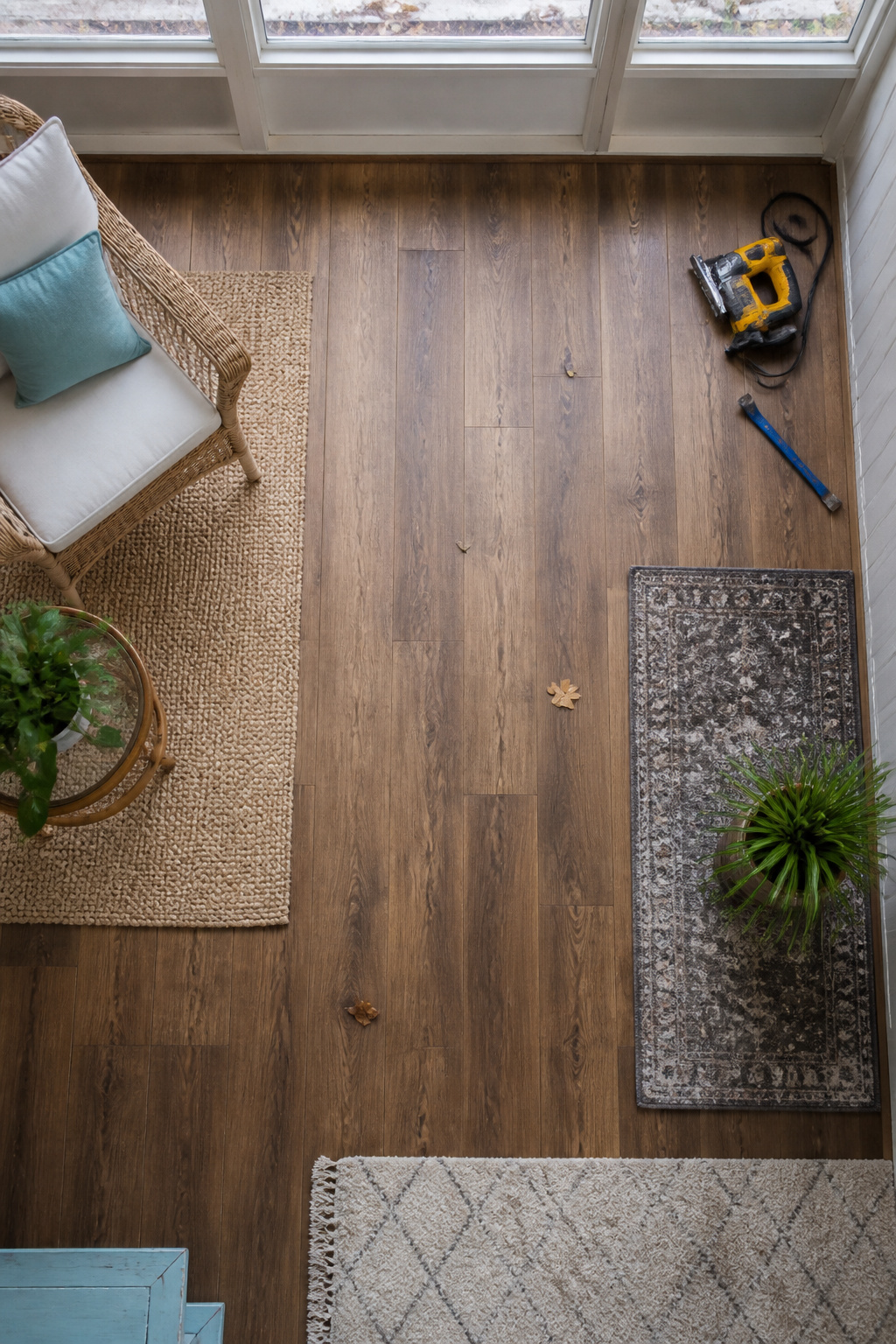Laminate flooring installed on a concrete slab in an enclosed porch.